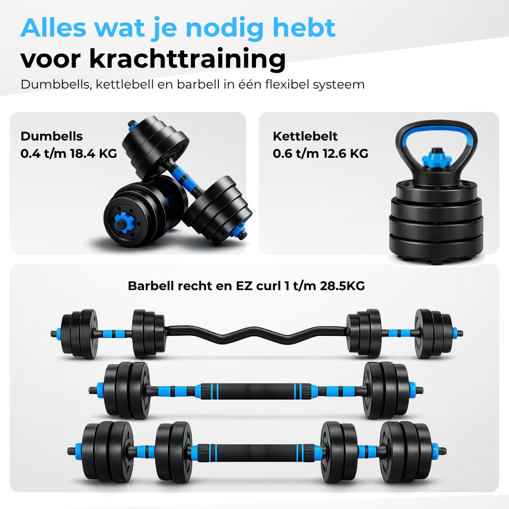 Zwarte dumbbells, kettlebell en halters met blauwe accenten op witte achtergrond.