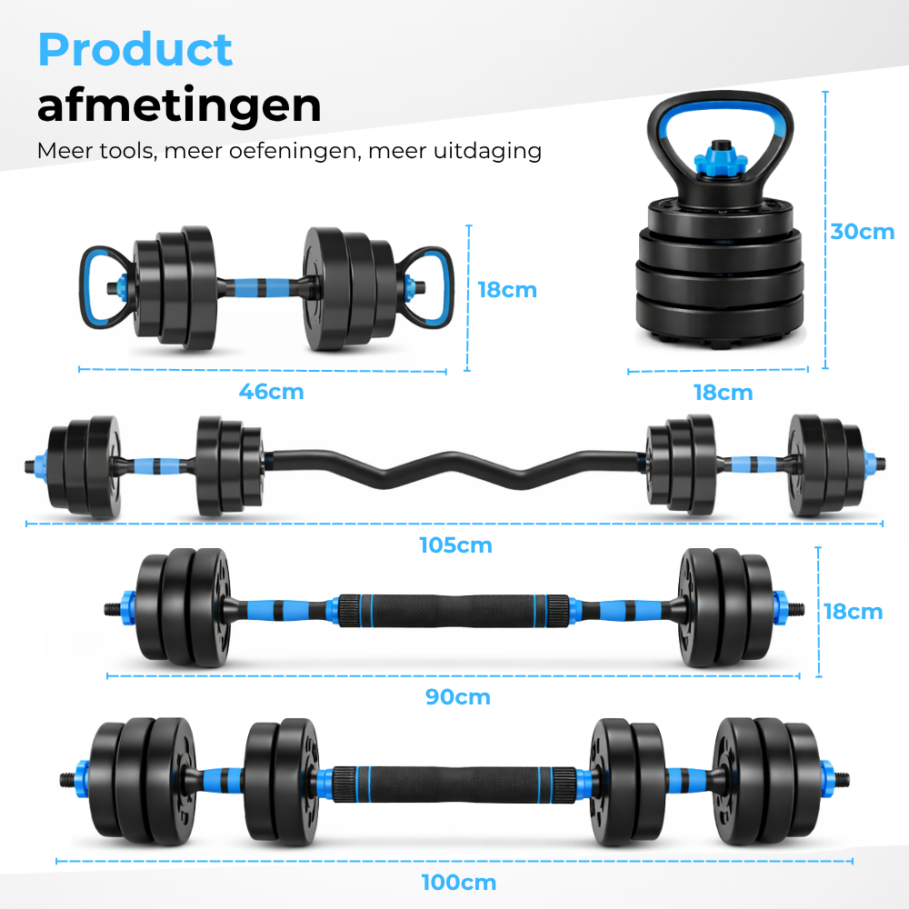 Afmetingen van halters en halterstangen in diverse maten.