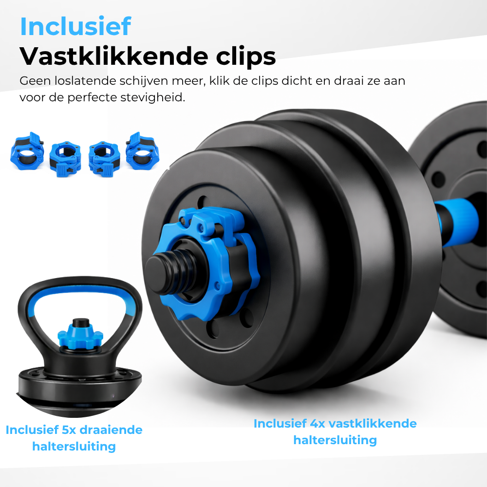 Halterschijven met blauwe kliksluitingen en een kettlebell handvat.