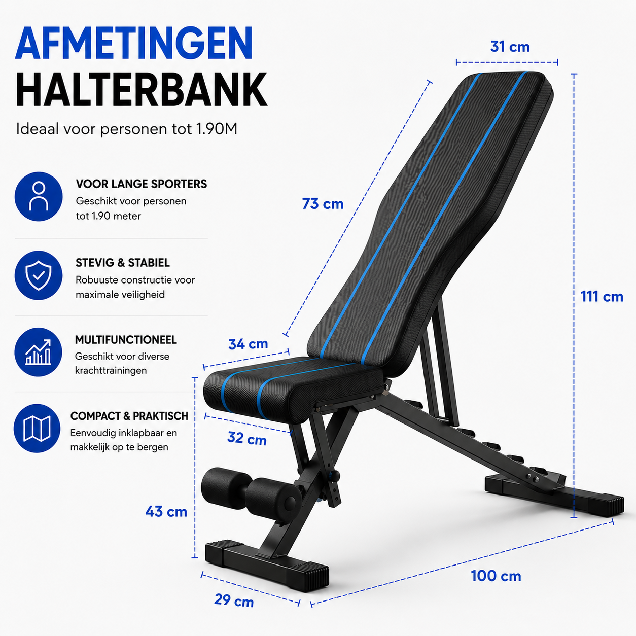 Zwart-blauwe halterbank met afmetingen, ideaal voor gebruikers tot 1,90 m.