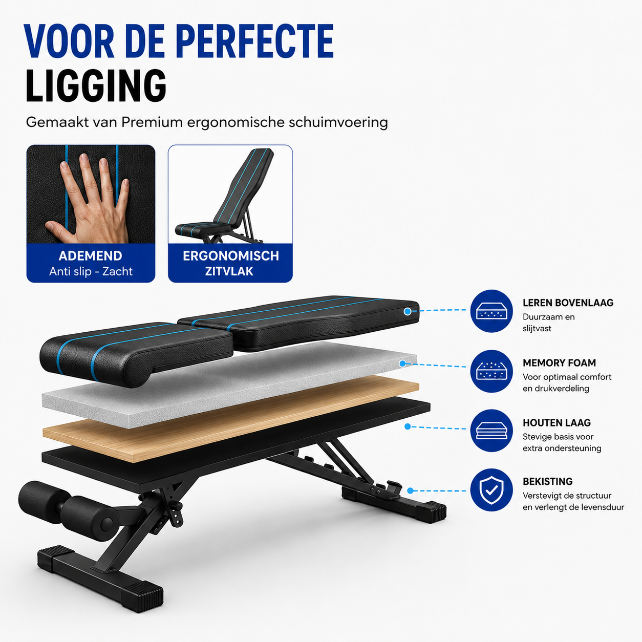 Een halterbank met lagen van leer, traagschuim, hout en metalen frame.