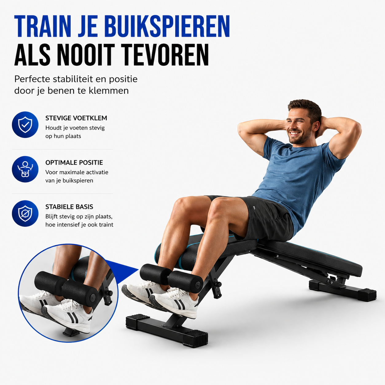 Man traint buikspieren op fitnessbank met stevige voetklem en stabiele basis.