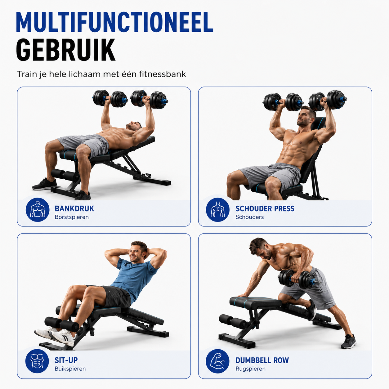 Man doet bankdrukken, schouderpers, sit-ups en dumbbell rows op een fitnessbank.