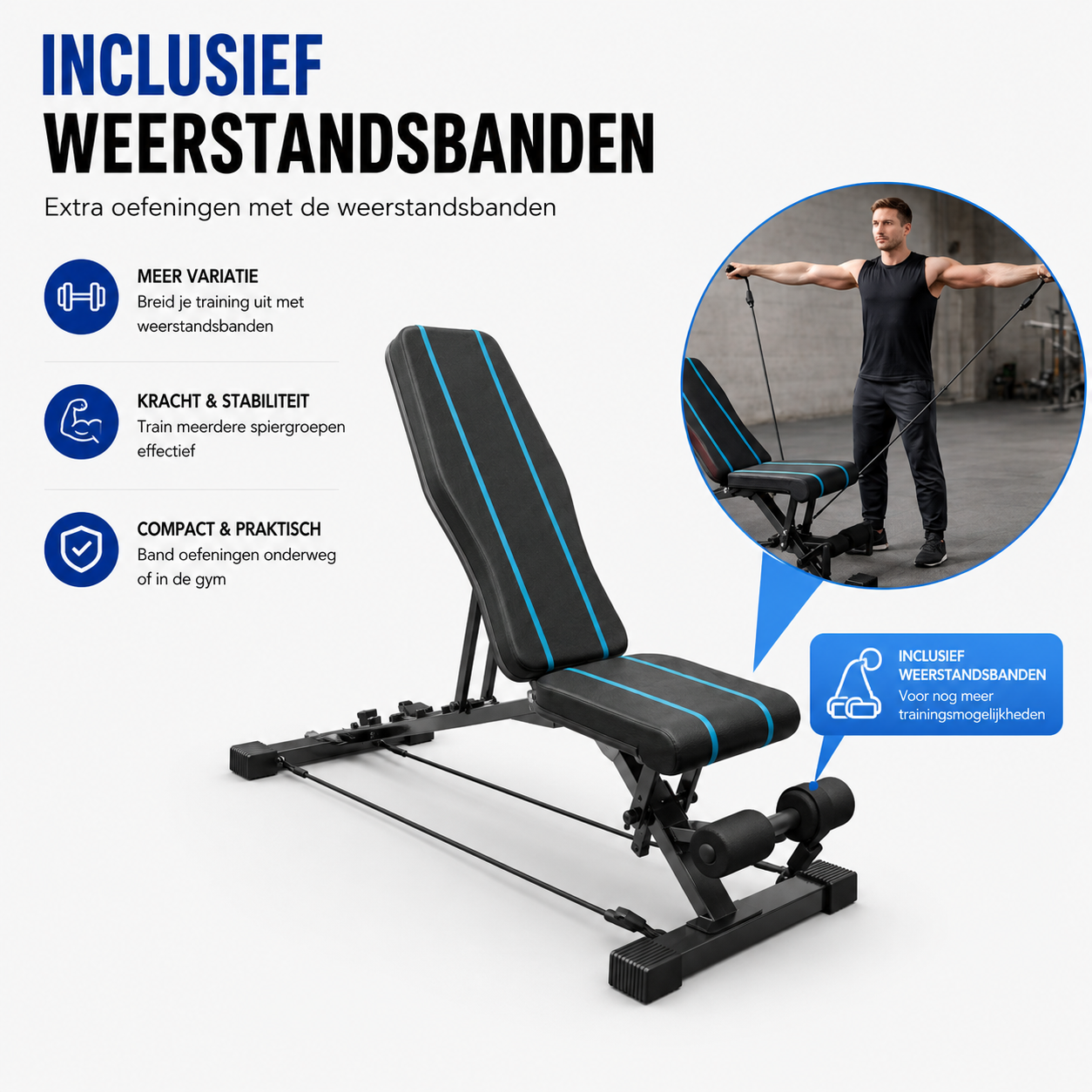 Een man traint met een fitnessbank en weerstandsbanden. Een trainingsbank is op de voorgrond.