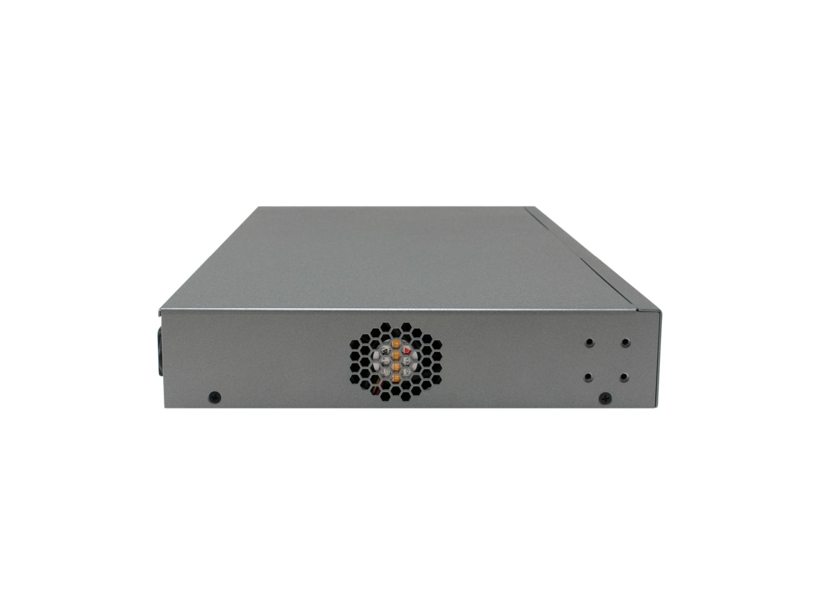 Dispositivo rack grigio con griglia ventola e LED su sfondo bianco.