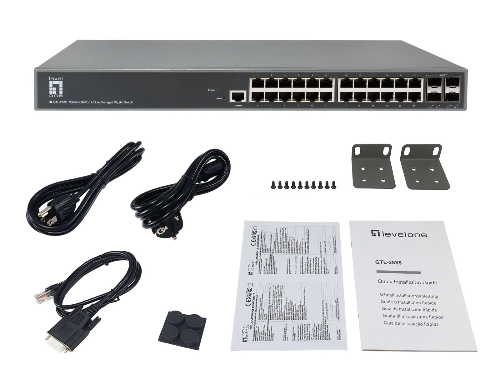 Uno switch Gigabit grigio a 28 porte con cavi di alimentazione, cavo seriale, viti e manuali.