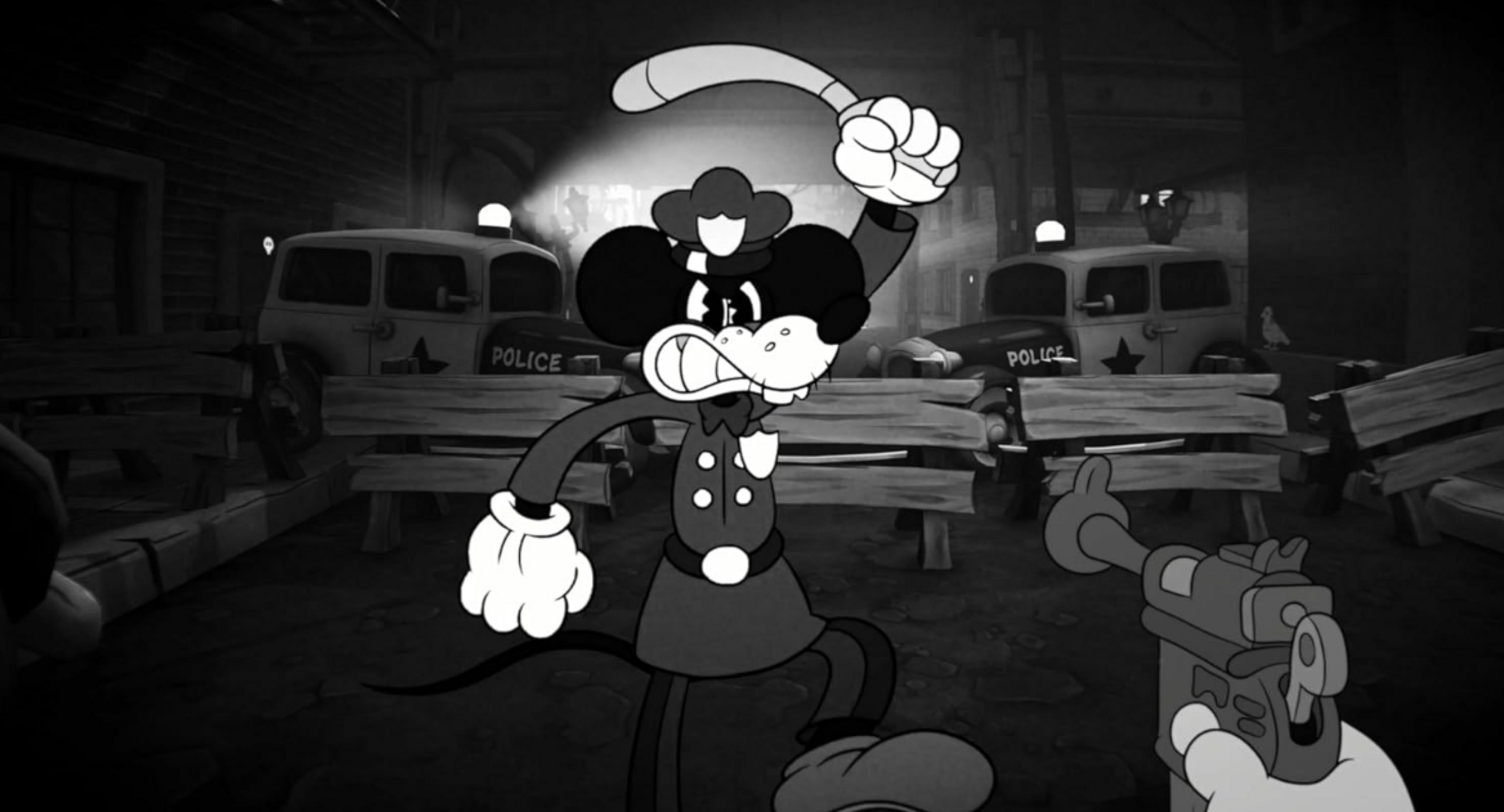 Ein Cartoon-Polizist wirft mit einem Knüppel, Polizeitransporter im Hintergrund.