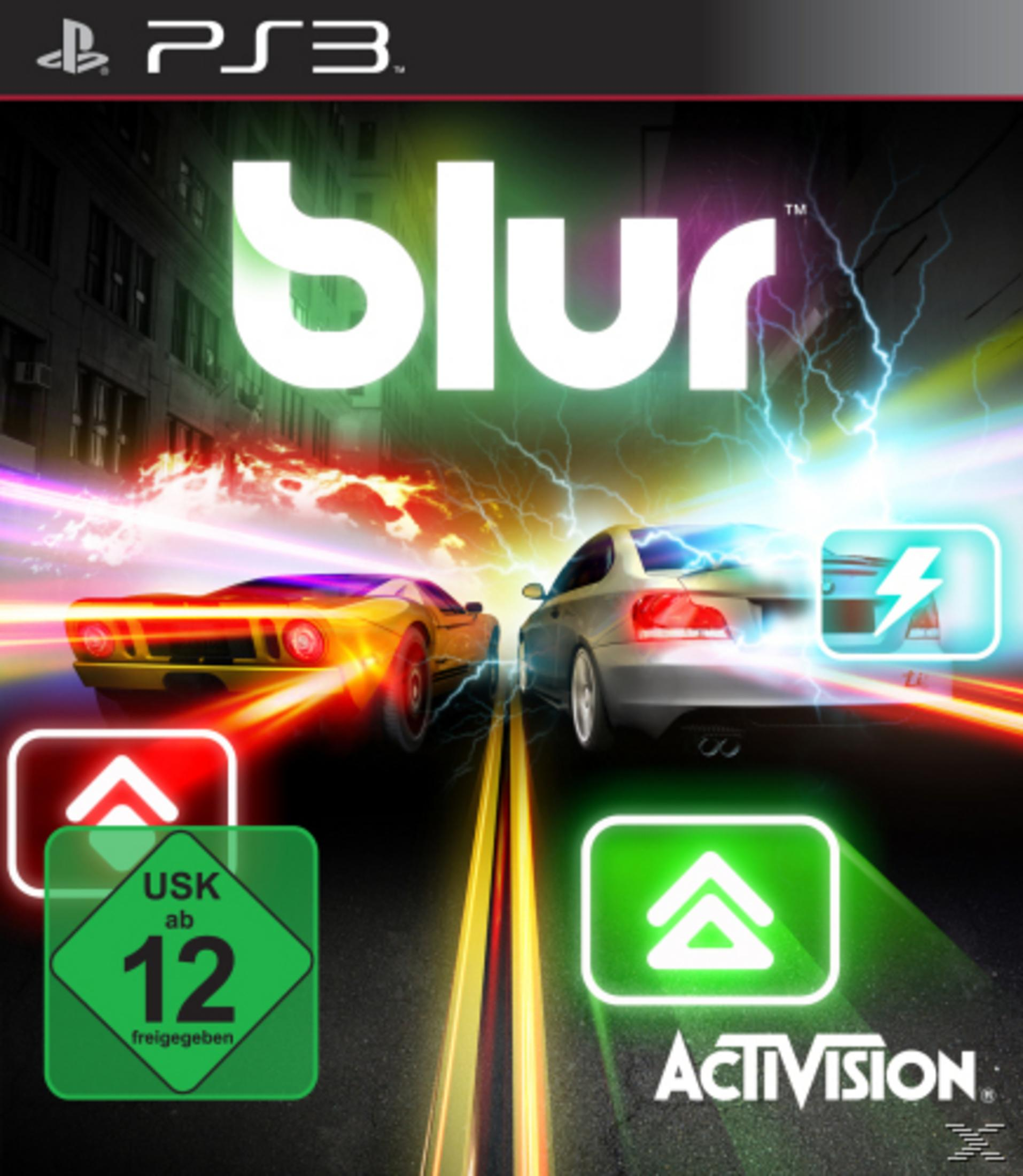 PS3 Spielcover Blur: Zwei Rennwagen, Blitze, Flammen und USK 12 Logo.