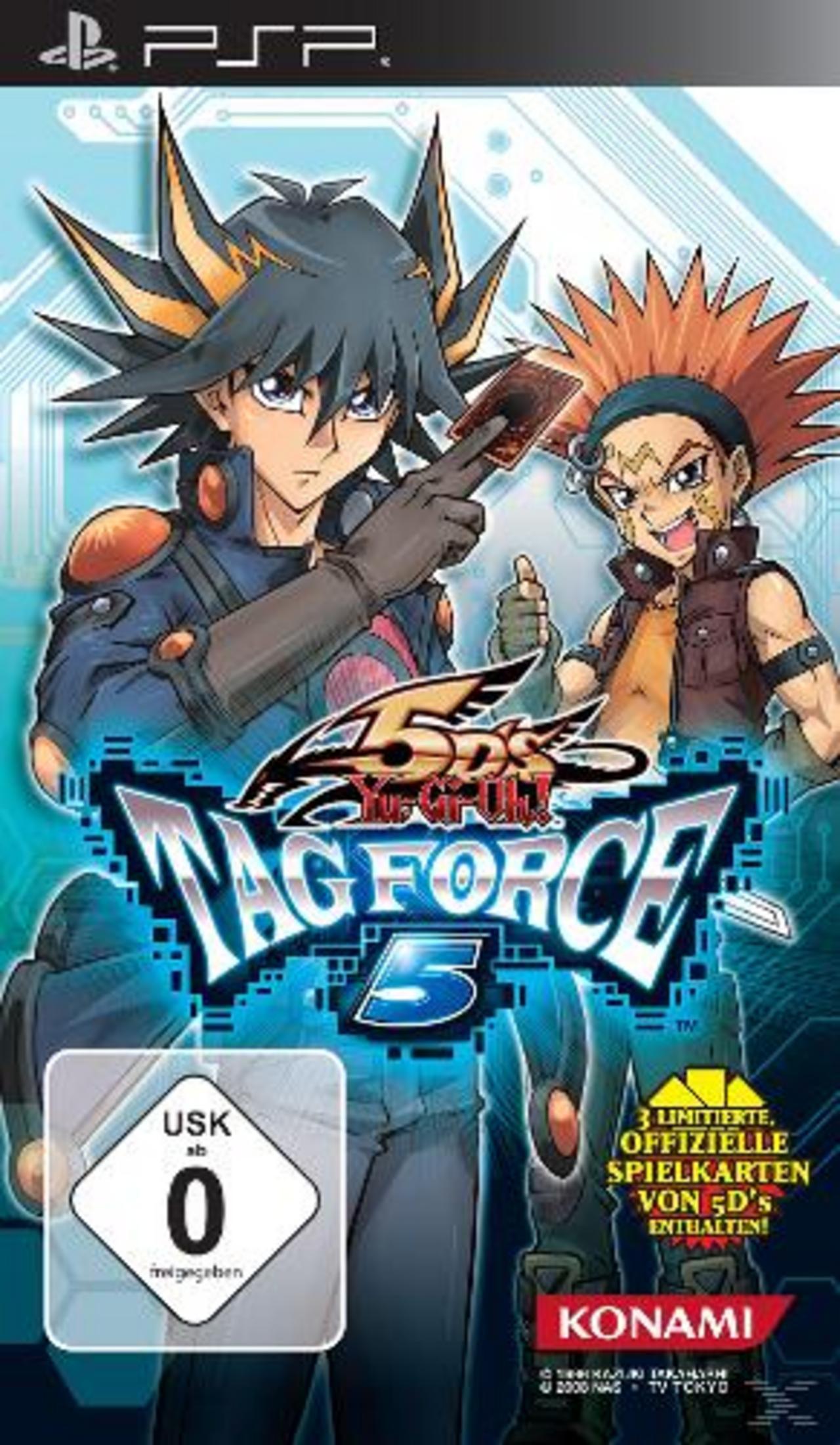Yu-Gi-Oh! Tag Force 5 PSP Cover mit zwei Anime-Charakteren und Spiel-Logo.