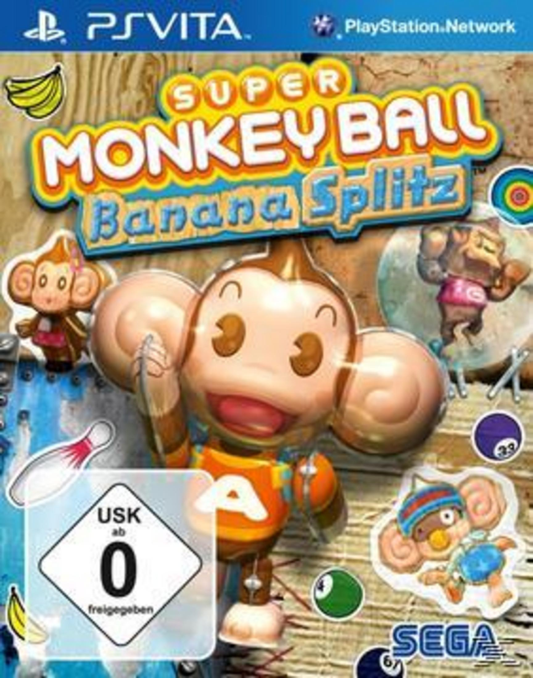 Cover von Super Monkey Ball Banana Splitz für PS Vita mit Affen und Bananen.