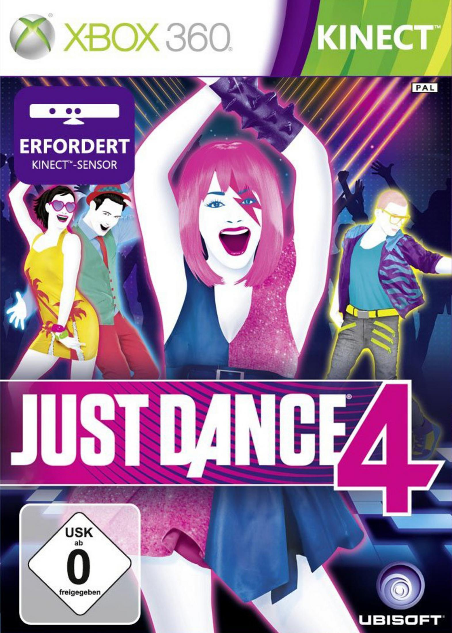 Cover von Just Dance 4 für Xbox 360 mit tanzenden Personen und dem Xbox 360 Logo.