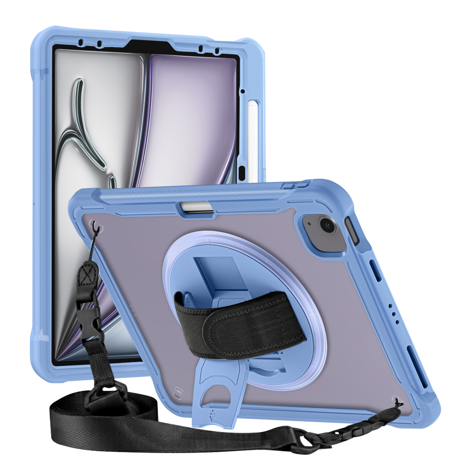 Funda azul para tablet con asa y correa, mostrada sobre fondo blanco.