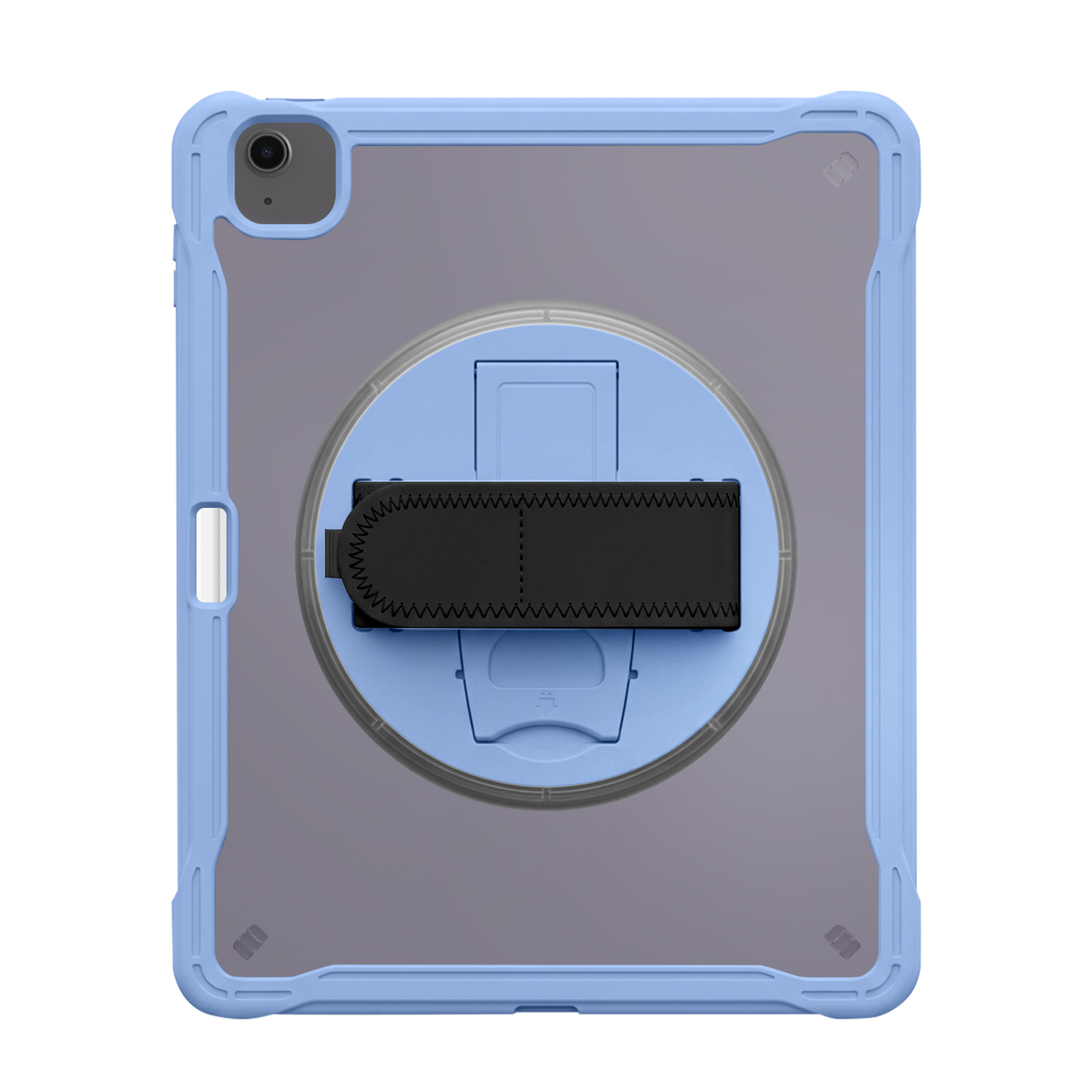 Una funda azul claro para tableta con parte trasera transparente y correa negra.