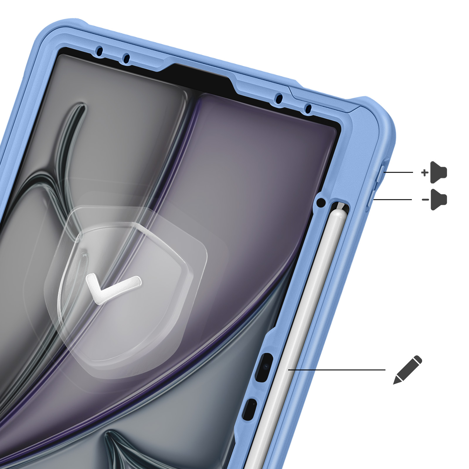 Una funda azul para tableta con lápiz, botones de volumen e icono de escudo.