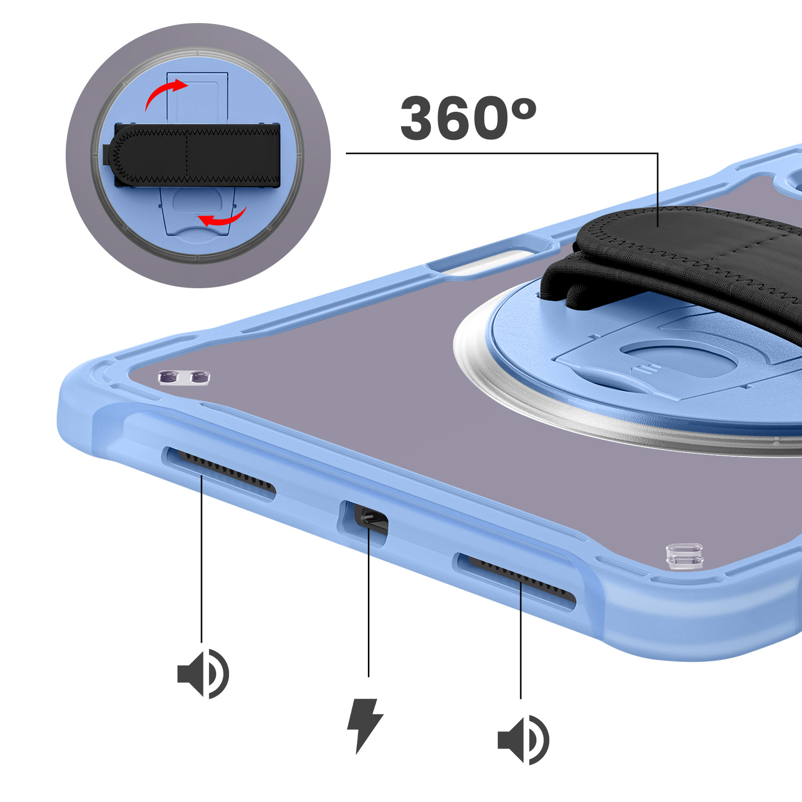 Funda azul para teléfono con correa negra y giro de 360°.