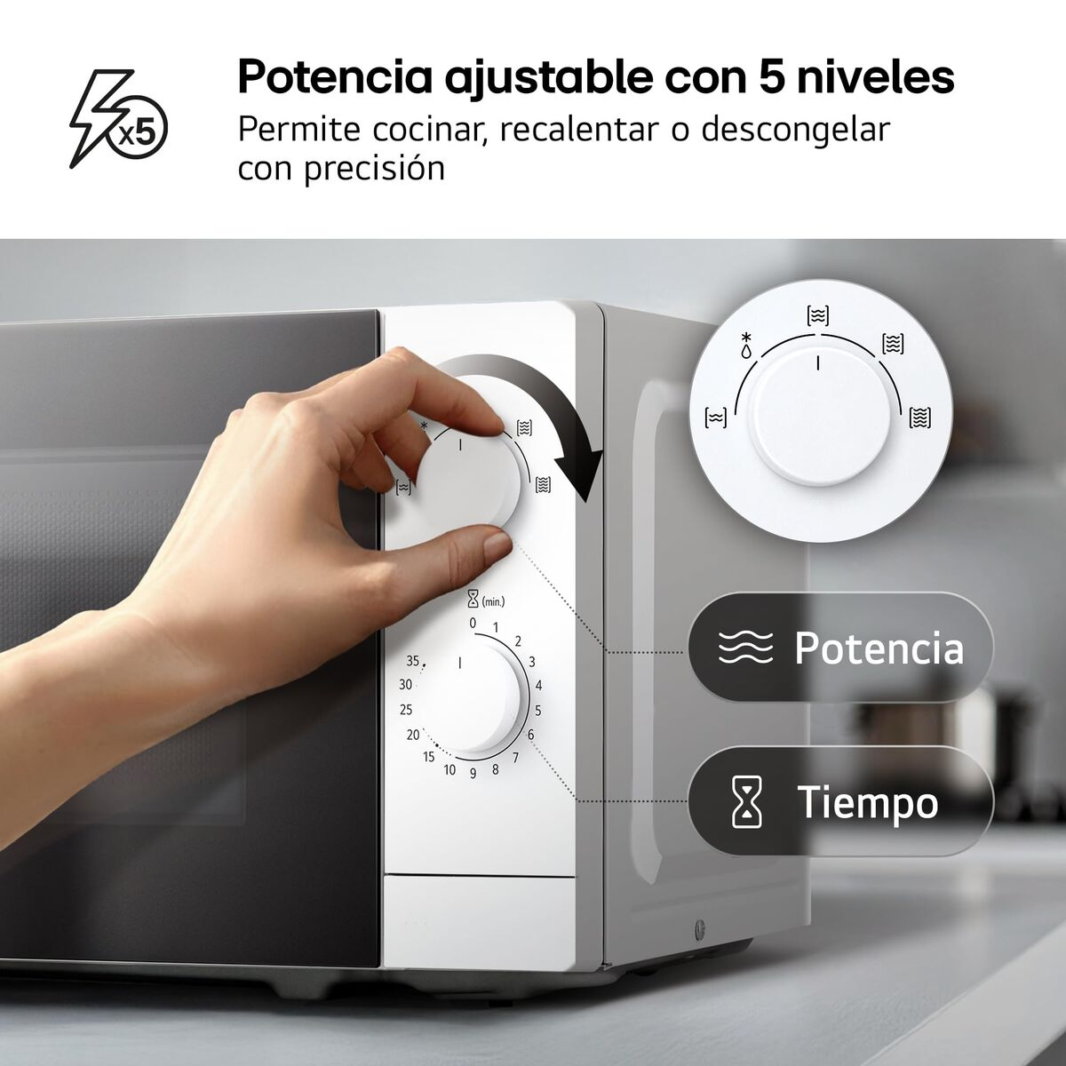Una mano ajusta un dial de microondas, mostrando ajustes de potencia y tiempo con iconos.