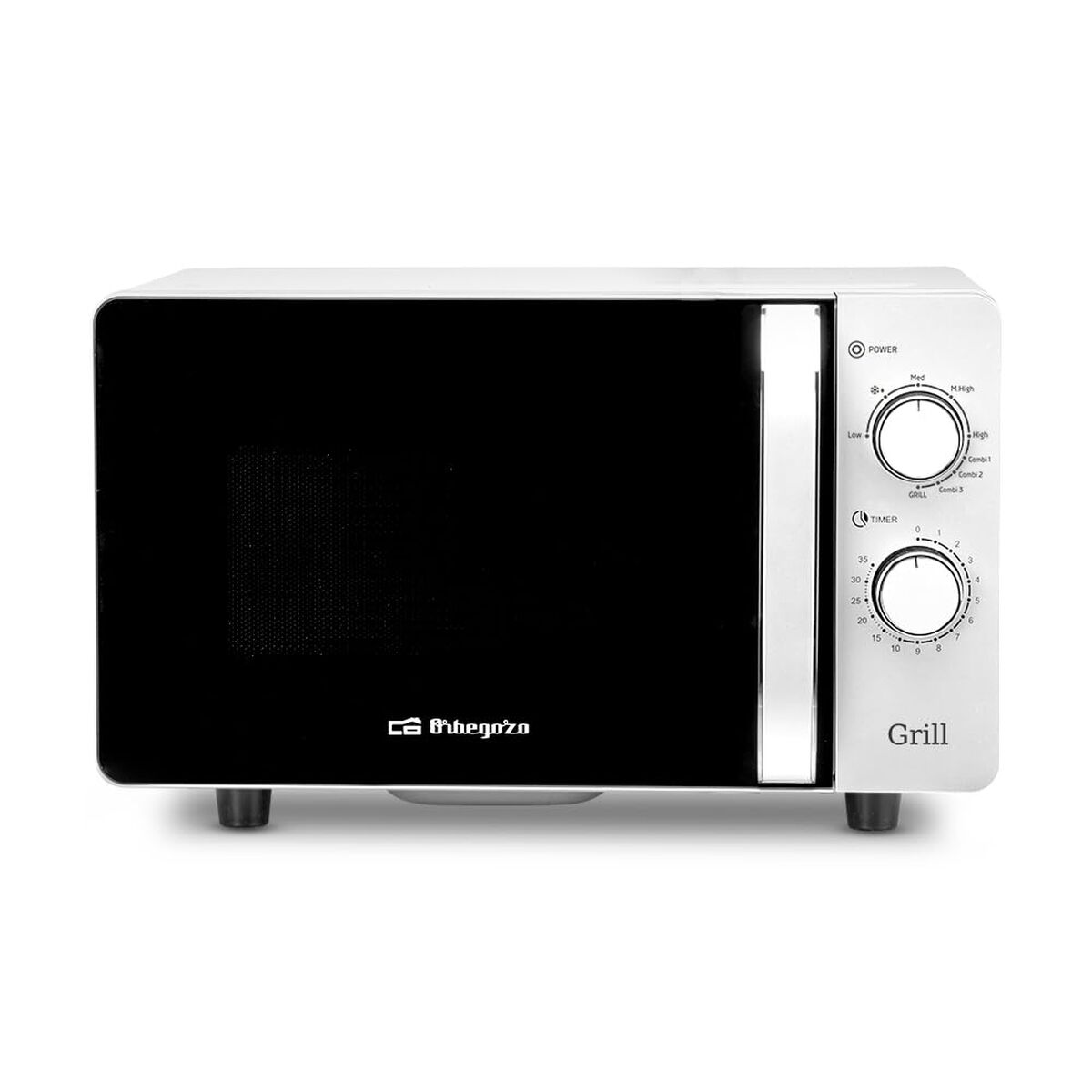 Un microondas grill Orbegozo blanco con puerta negra y diales de control.