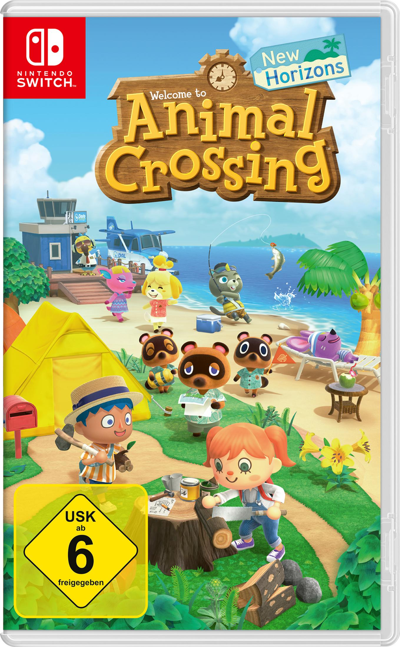 Copertina Animal Crossing: New Horizons per Nintendo Switch con personaggi su una spiaggia e un aeroporto.