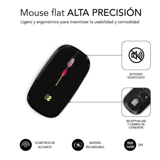 Mouse piatto nero con rotella rossa, ricevitore USB e icone per portata/batteria.