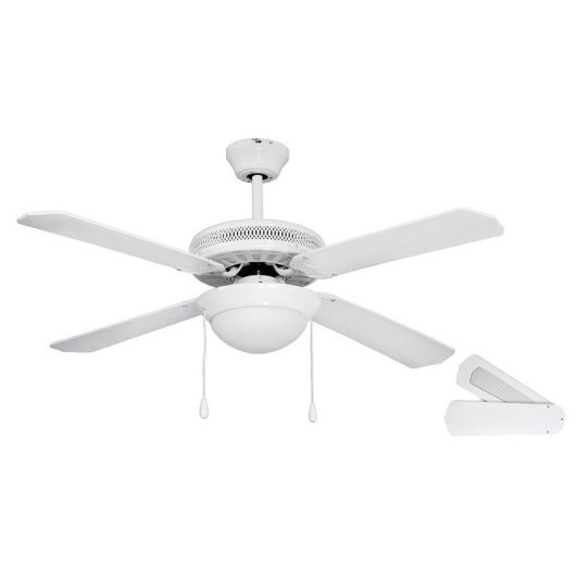 Un ventilatore da soffitto bianco con luce e attacco ventilatore separato.