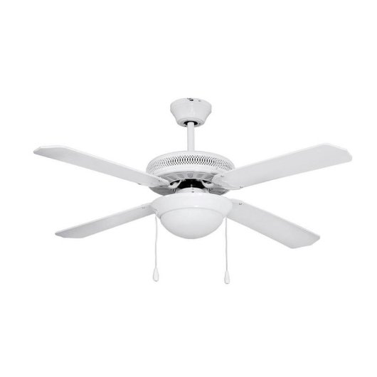 Viene mostrata una ventola da soffitto bianca con cinque pale e un lampada.