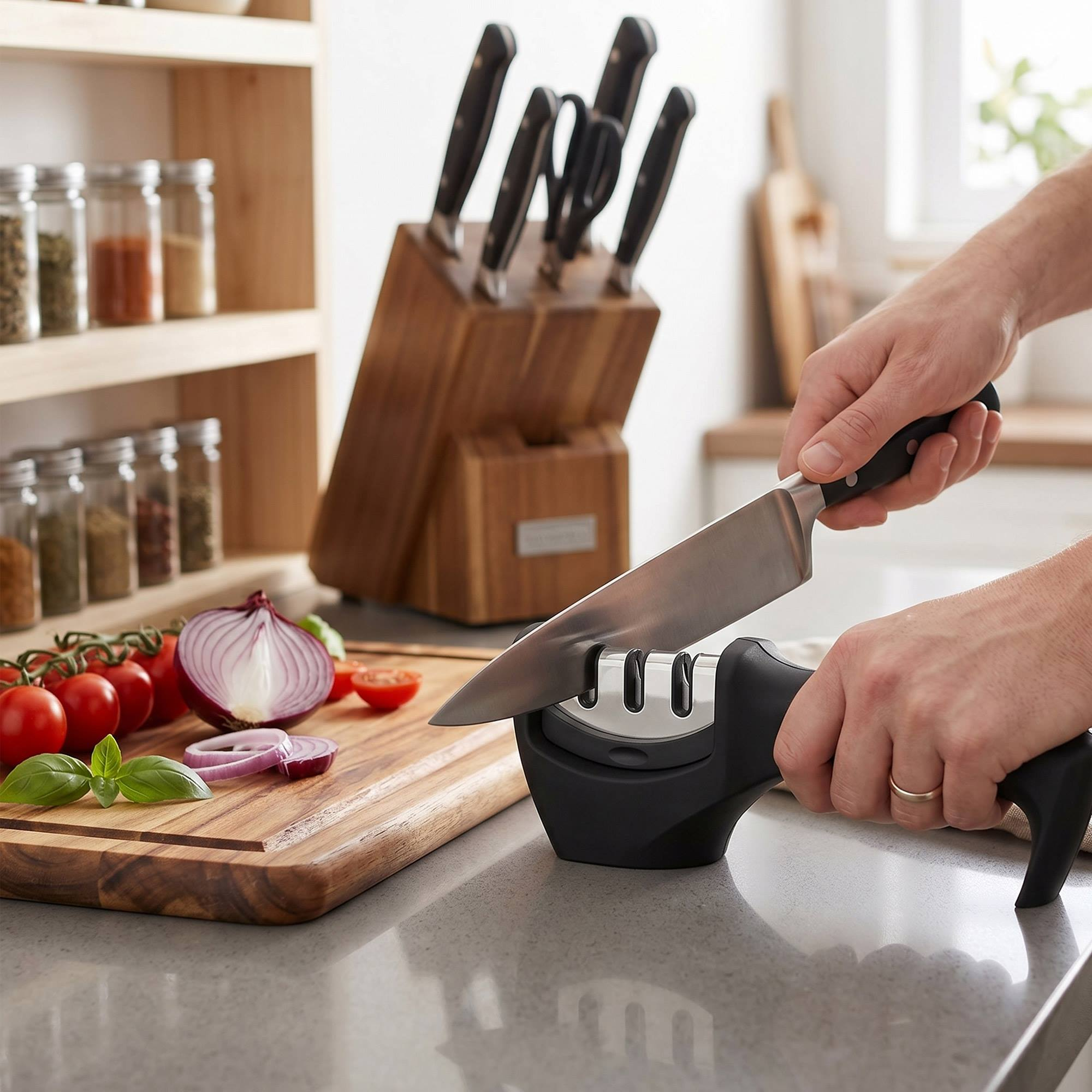 Persona afila cuchillo con afilador negro sobre tabla de madera. Cebolla, tomates, hierbas cerca.