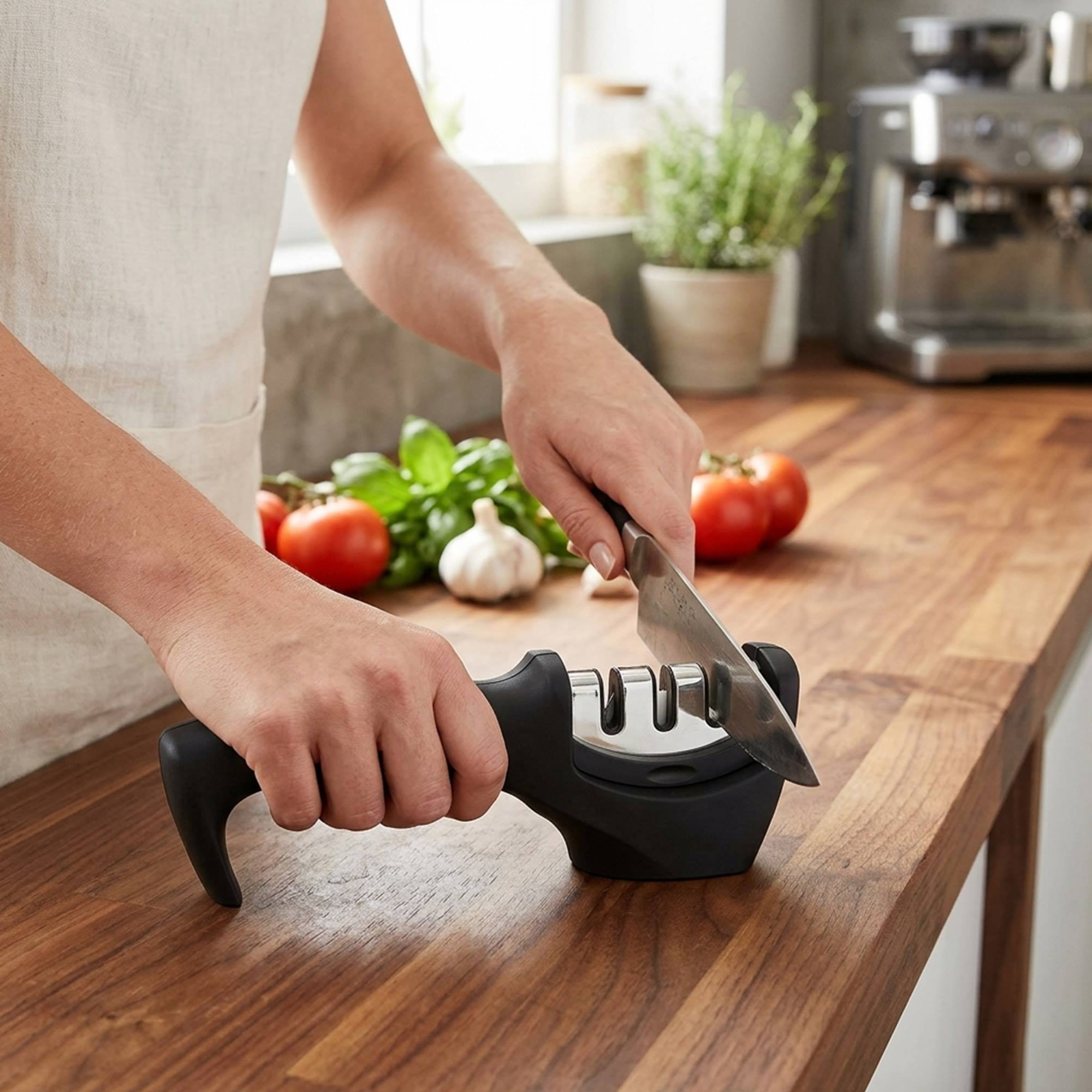 Una persona afila un cuchillo en una tabla de cortar de madera con tomates y ajo.