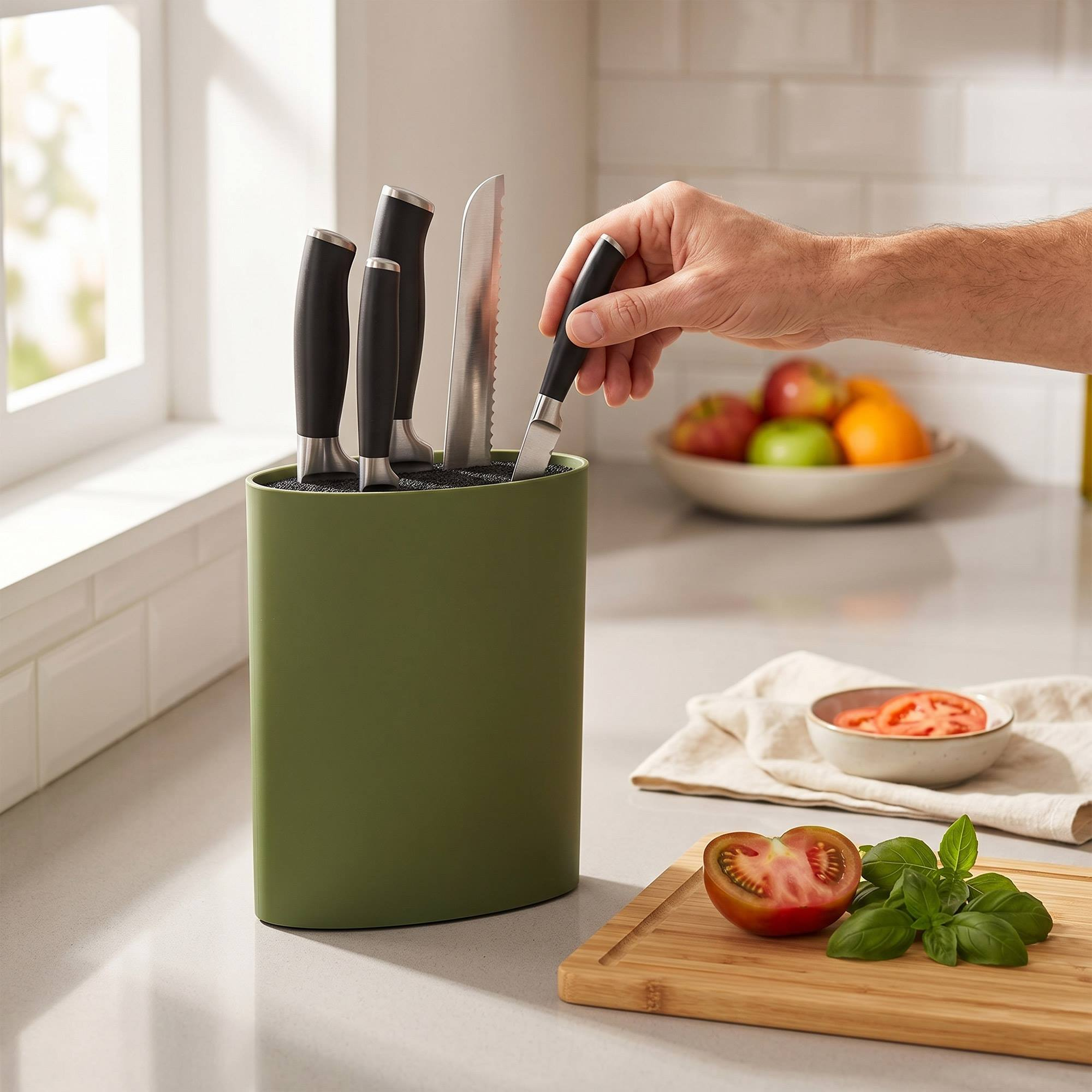 Una mano saca un cuchillo de un bloque verde junto a frutas y verduras.