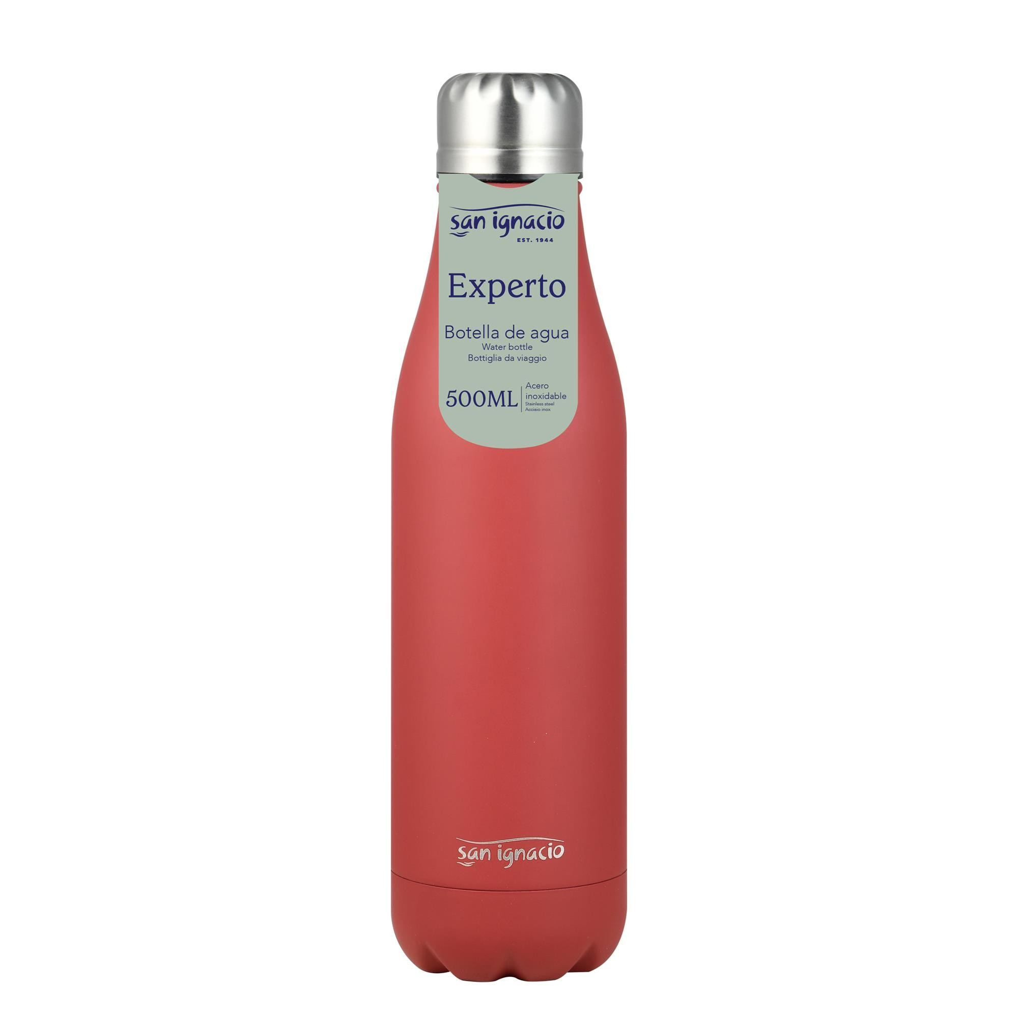 Botella de agua de acero inoxidable roja con tapa plateada y etiqueta negra.