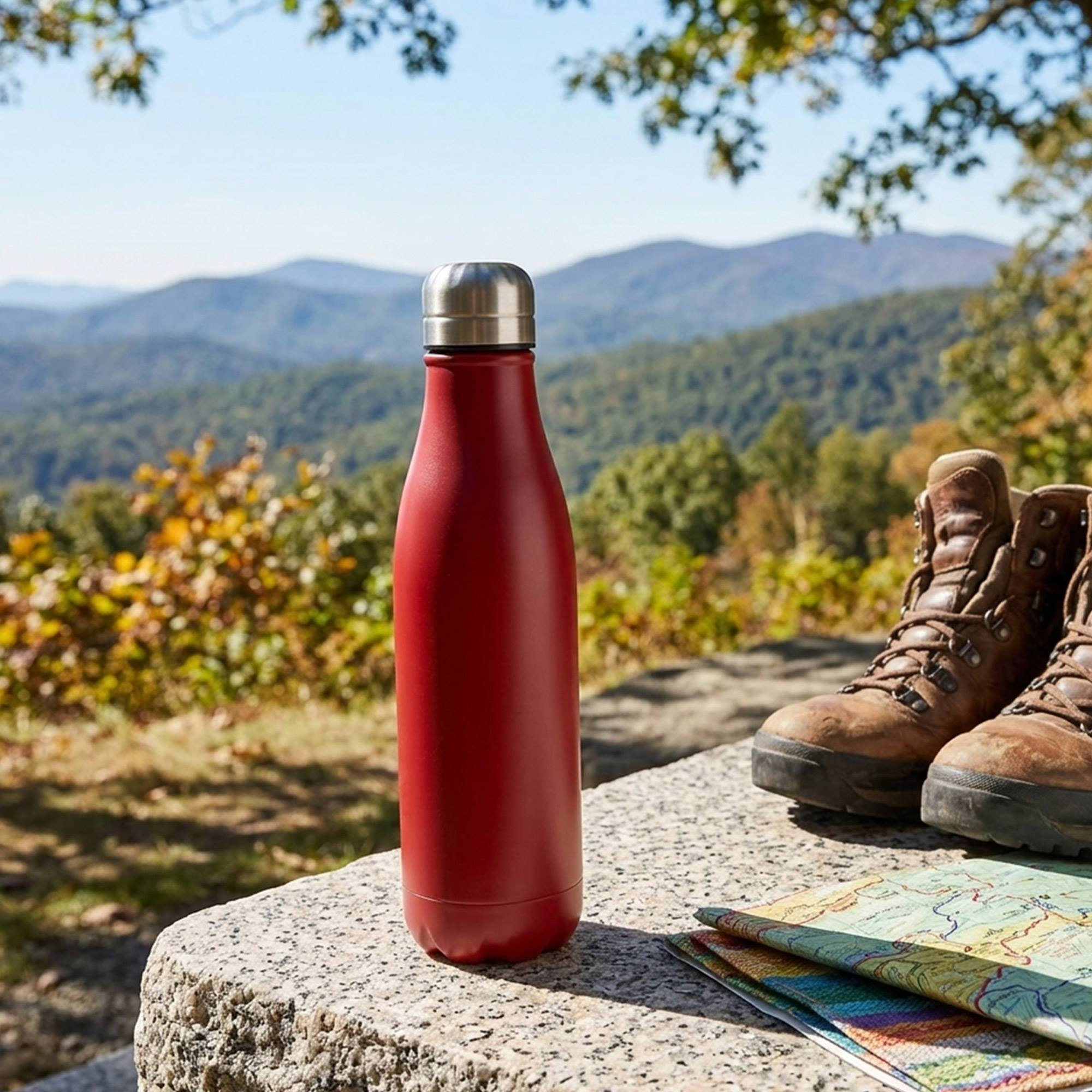 Botella de agua roja y botas de montaña sobre piedra con paisaje montañoso.