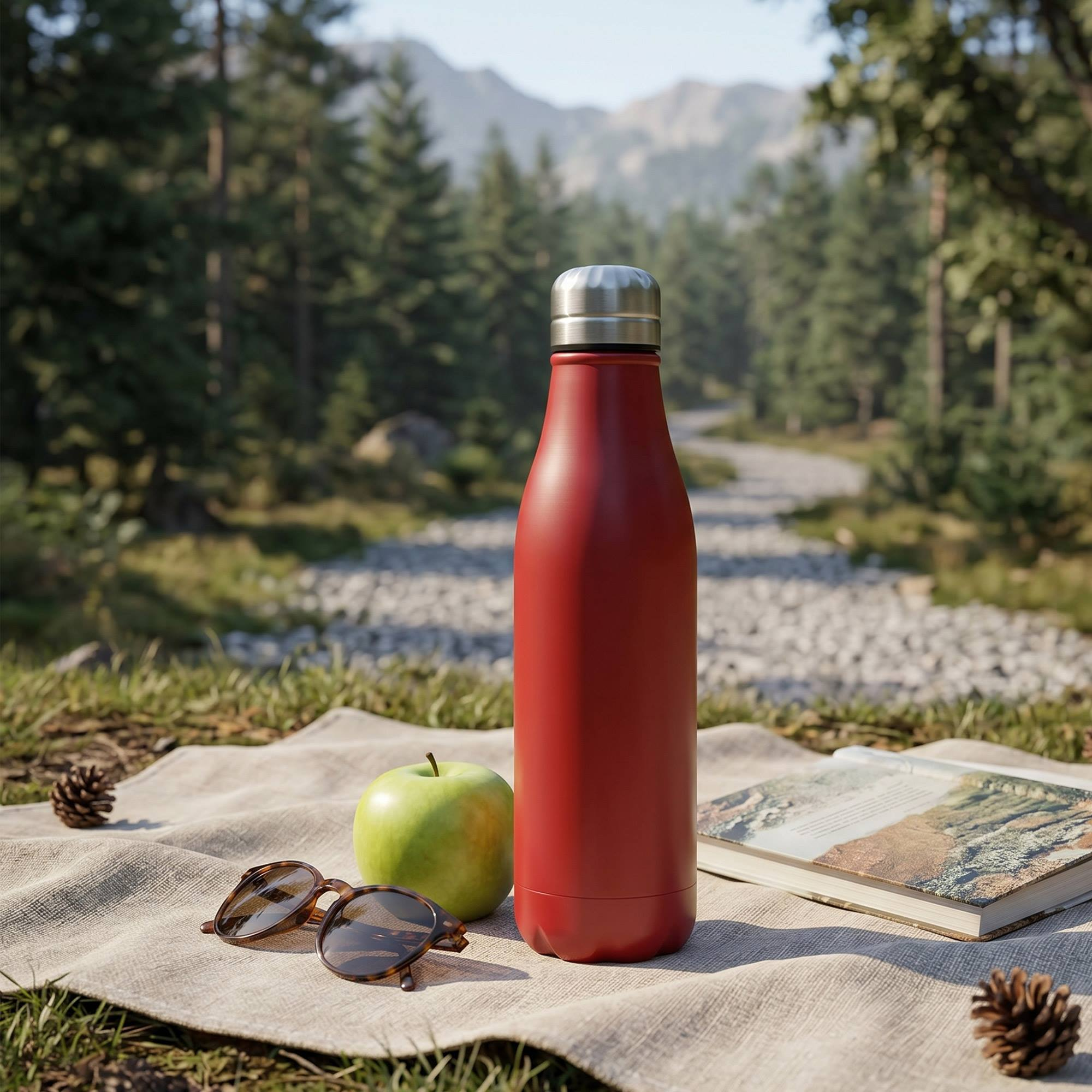 Botella roja, manzana, gafas de sol y libro sobre manta en bosque.