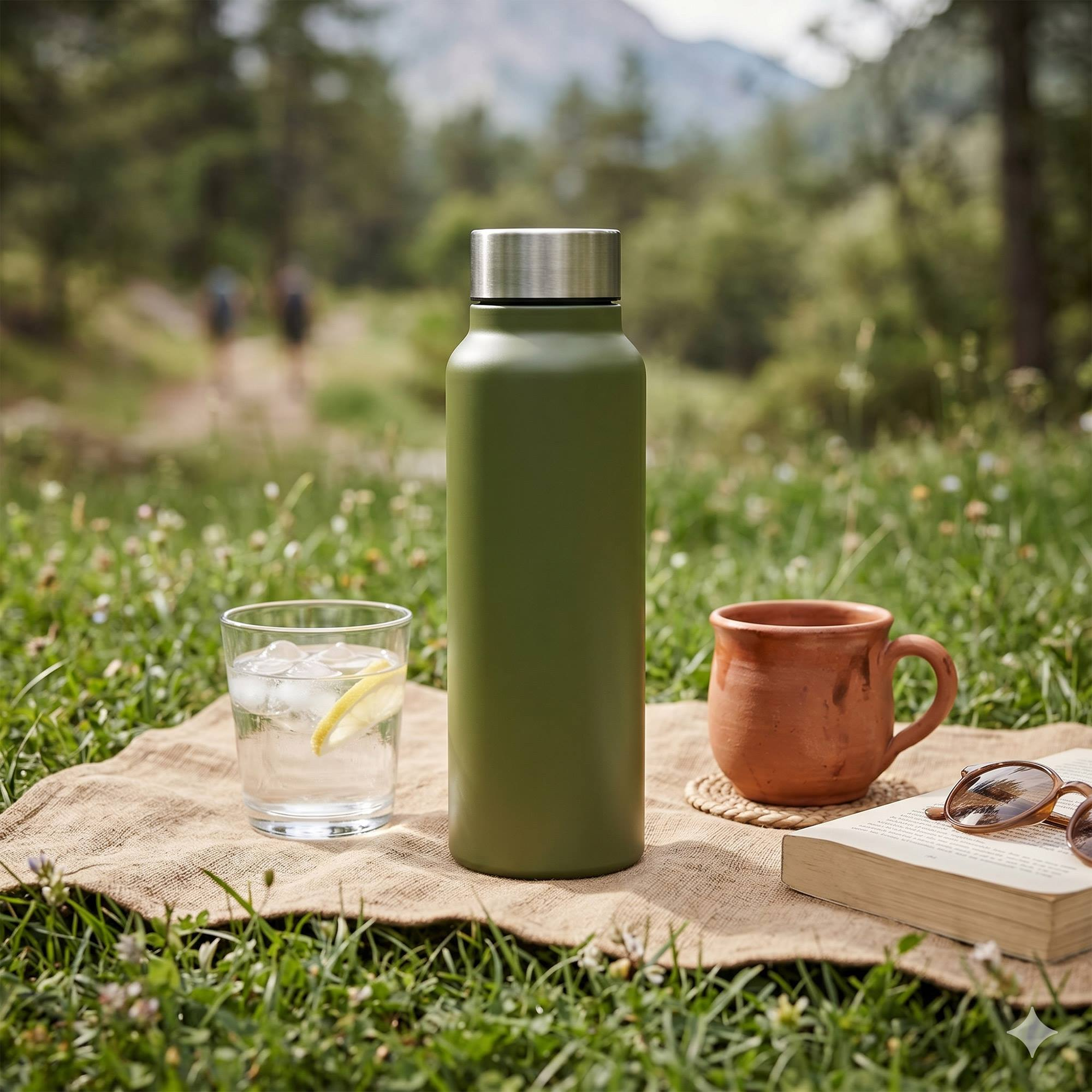 Botella de agua verde, vaso de agua, taza, libro y gafas de sol sobre una manta al aire libre.