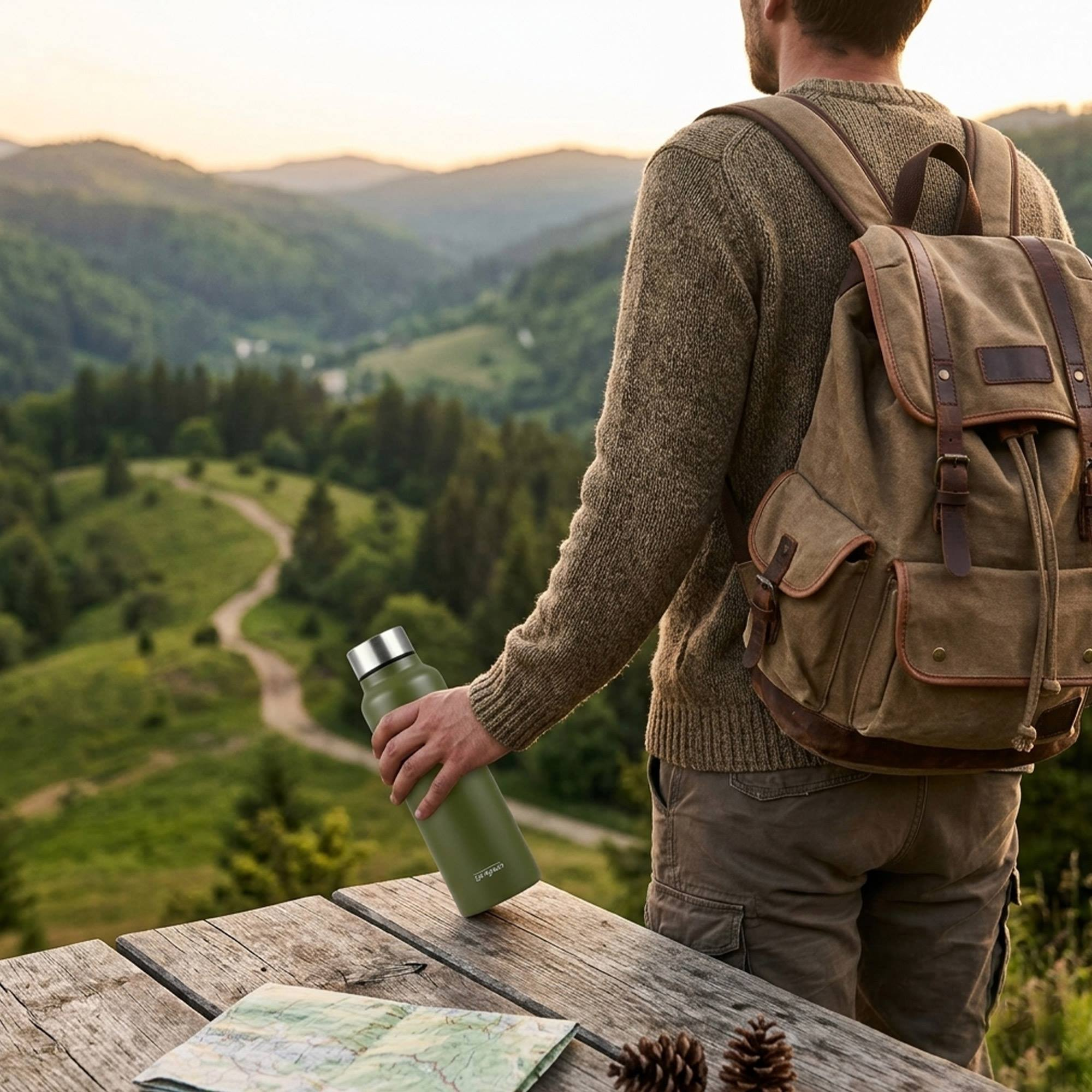 Hombre con mochila sostiene botella verde en mesa de madera con mapa y piñas.