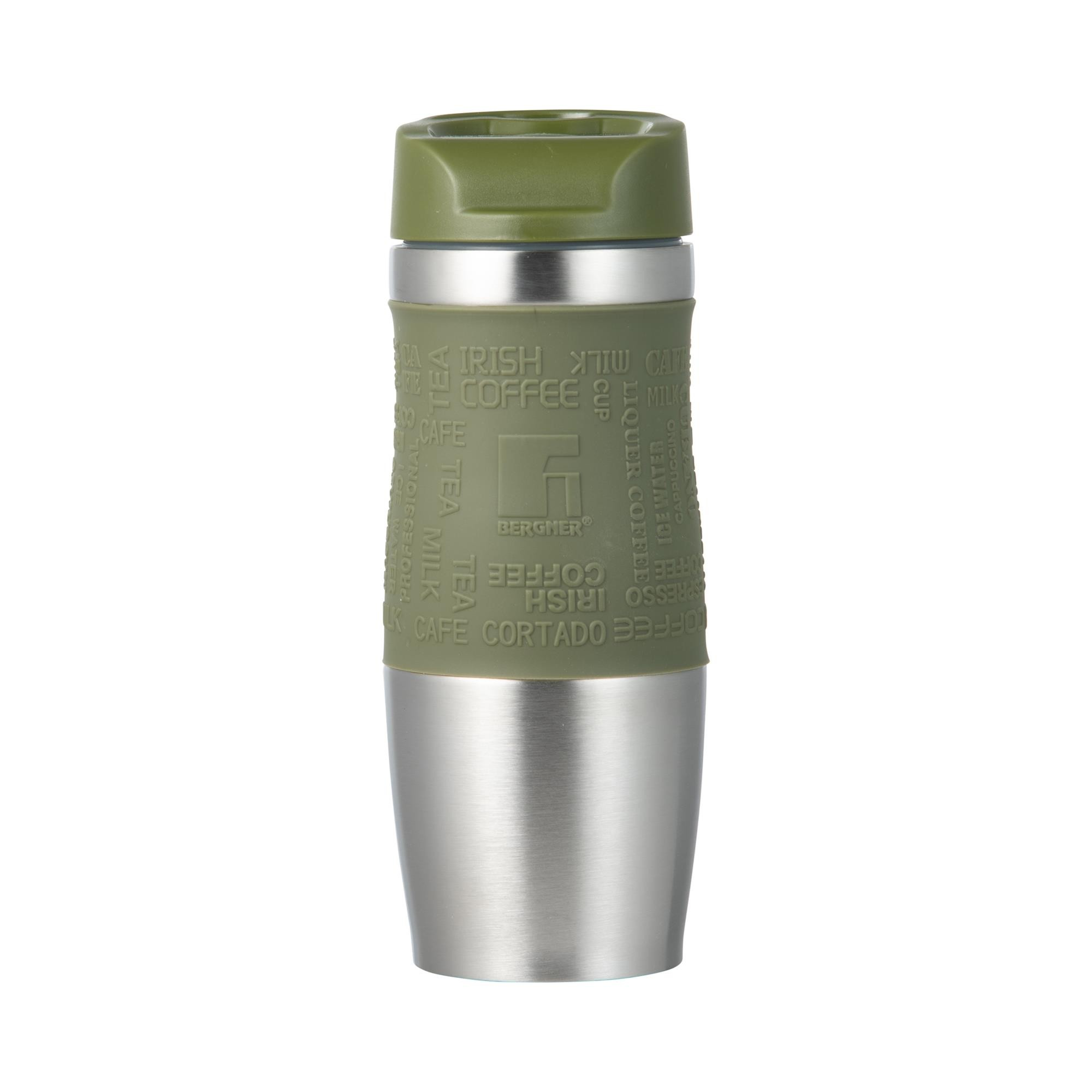 Un termo verde y plateado con detalles de texto como café, té y cortado.