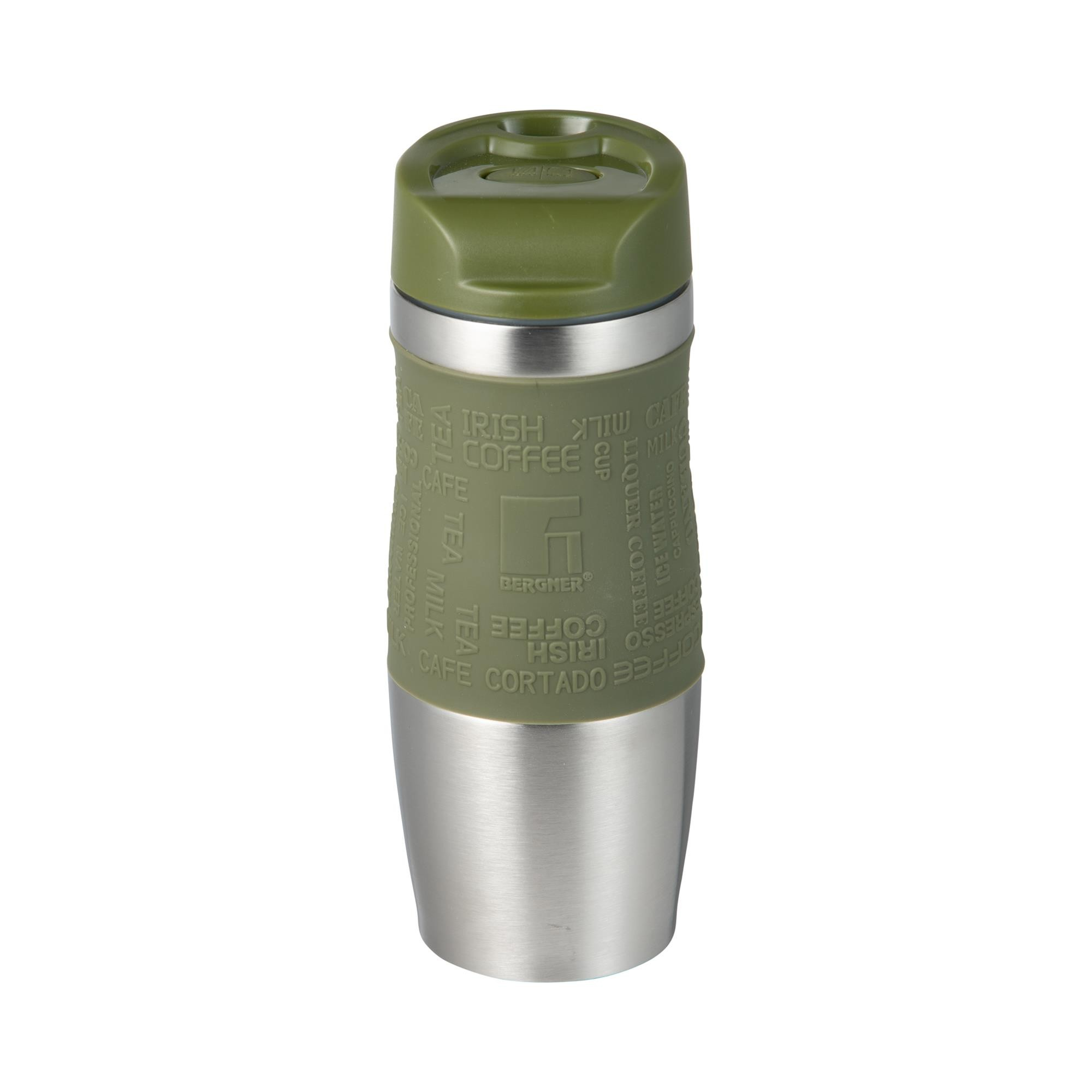 Un termo verde y plateado con términos de café y té.