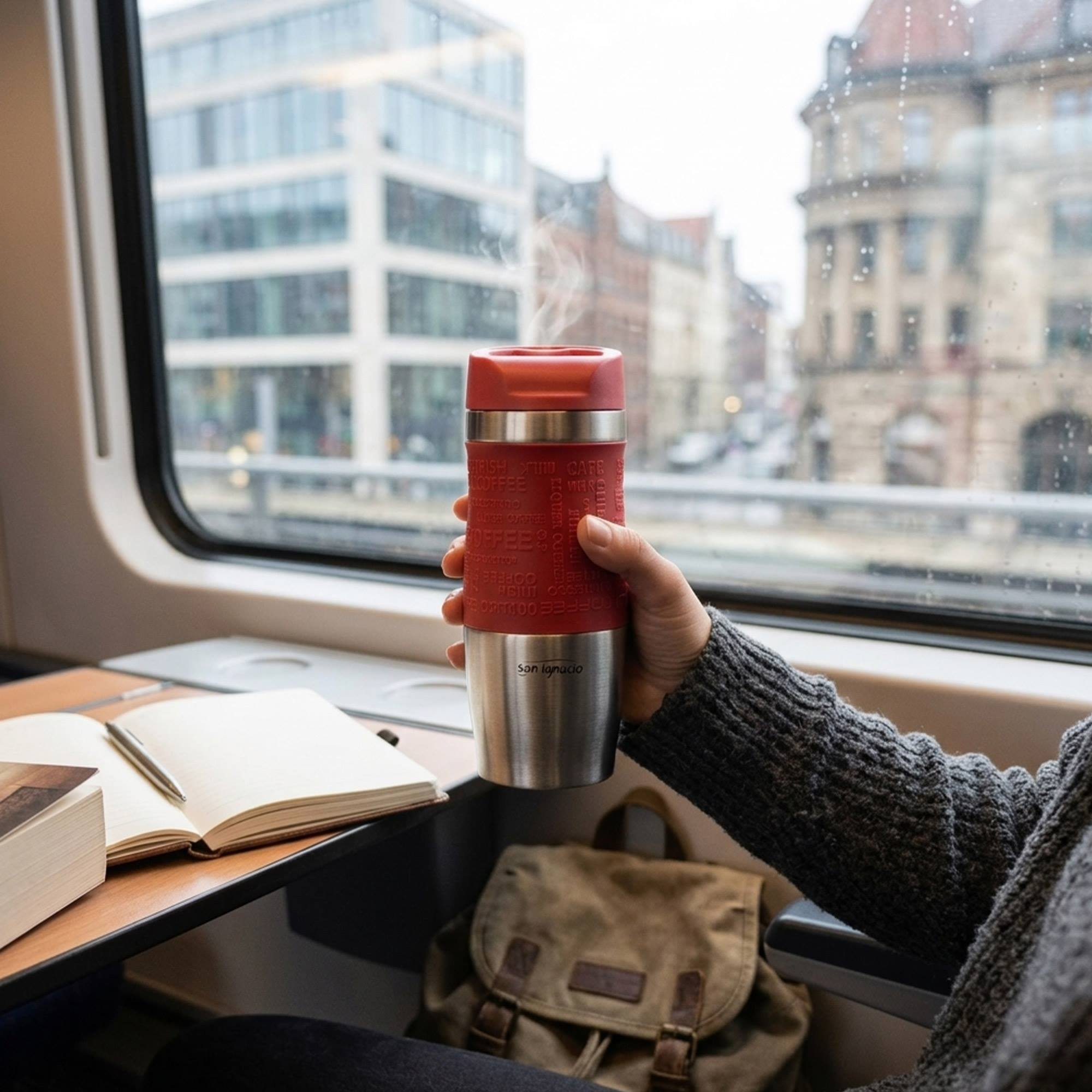 Una mano sostiene un termo rojo con contenido humeante frente a la ventana de un tren.