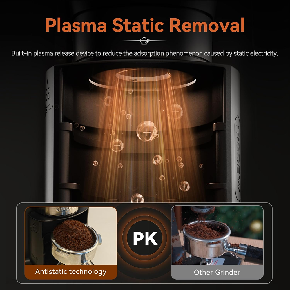 Dispositivo de eliminación de estática por plasma con partículas brillantes, comparando tecnología antiestática con otros molinillos.