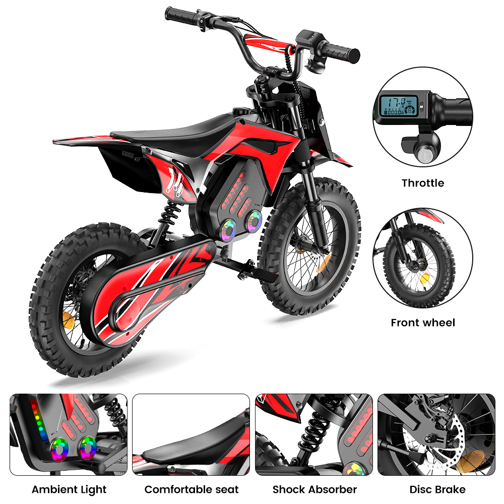 Bicicletta da dirt elettrica rossa con dettagli: acceleratore, ruota anteriore, sedile, ammortizzatore, freno.