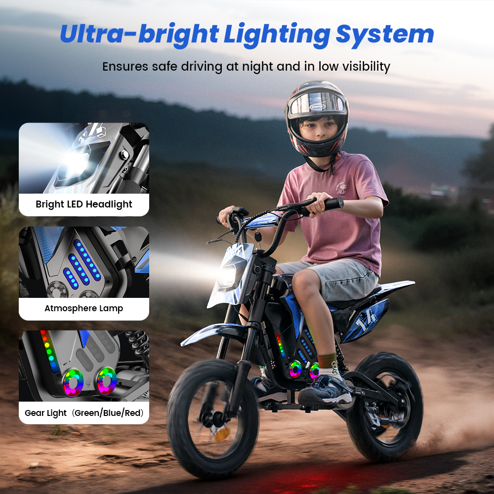 Ragazzo su moto da cross elettrica con faro LED luminoso e luci colorate.