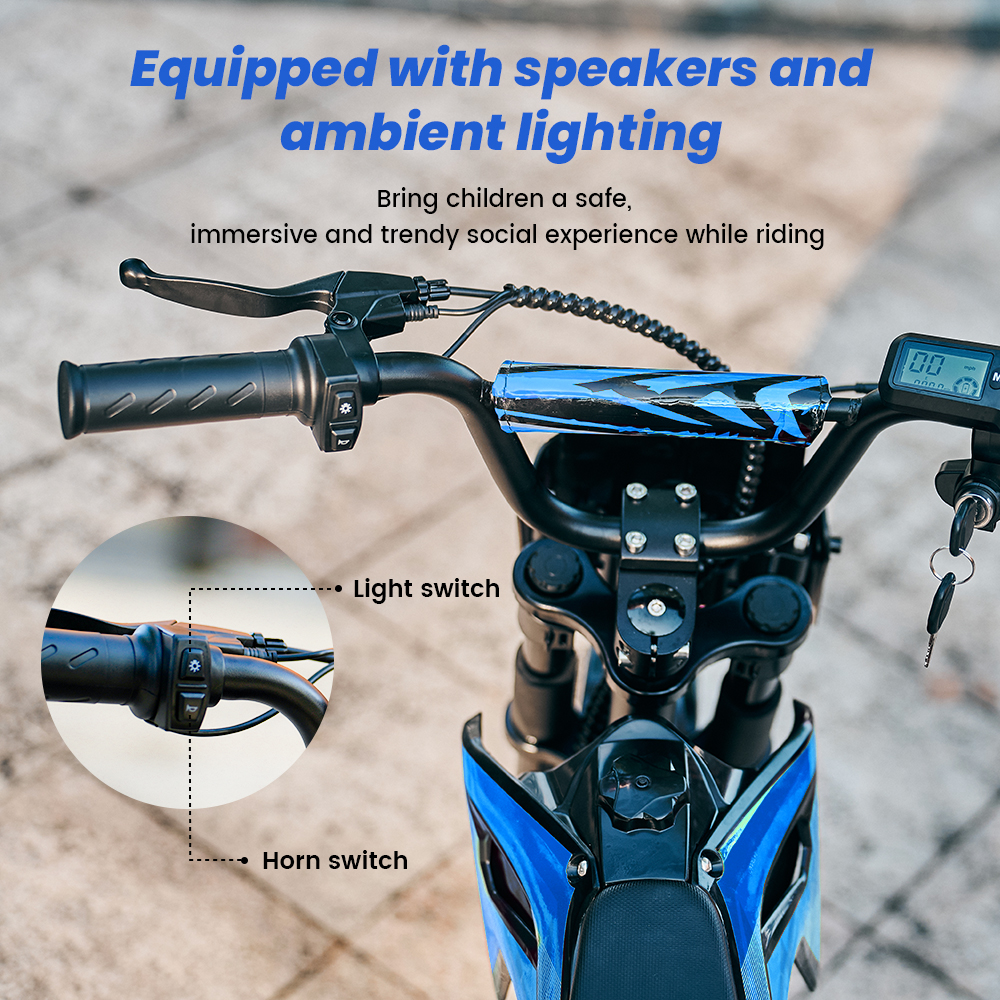 Manubrio di uno scooter elettrico blu con display, manopole, interruttori luci e clacson.
