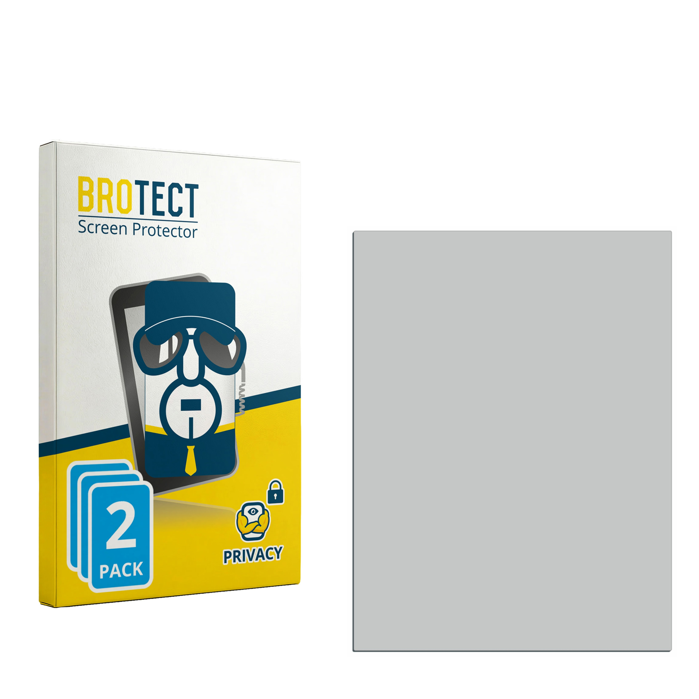 Eine BROTECT Displayschutzfolien-Box für 2 Stück mit Cartoon eines Handys und Brille.