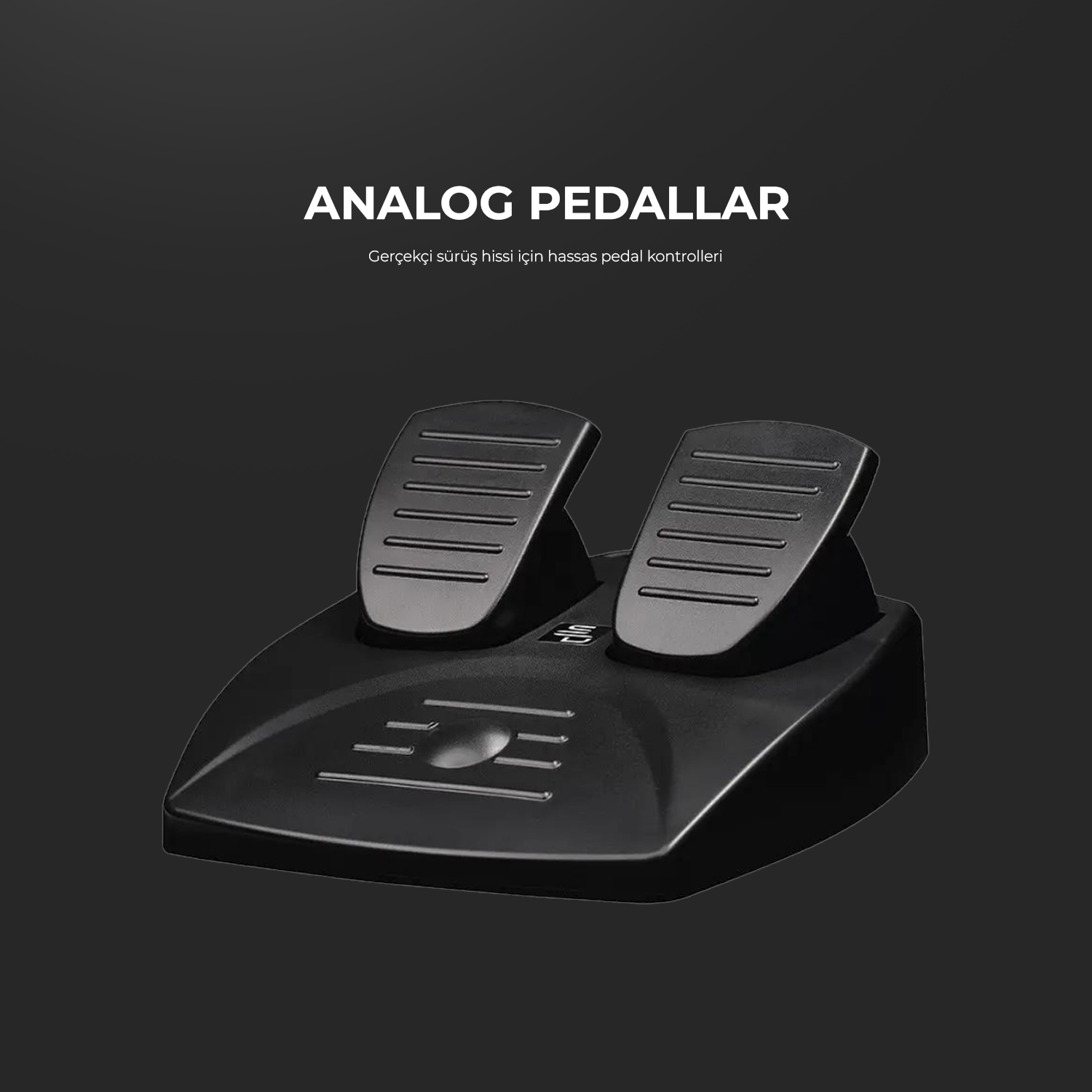 Koyu arka plan üzerinde oluklu siyah analog pedallar.