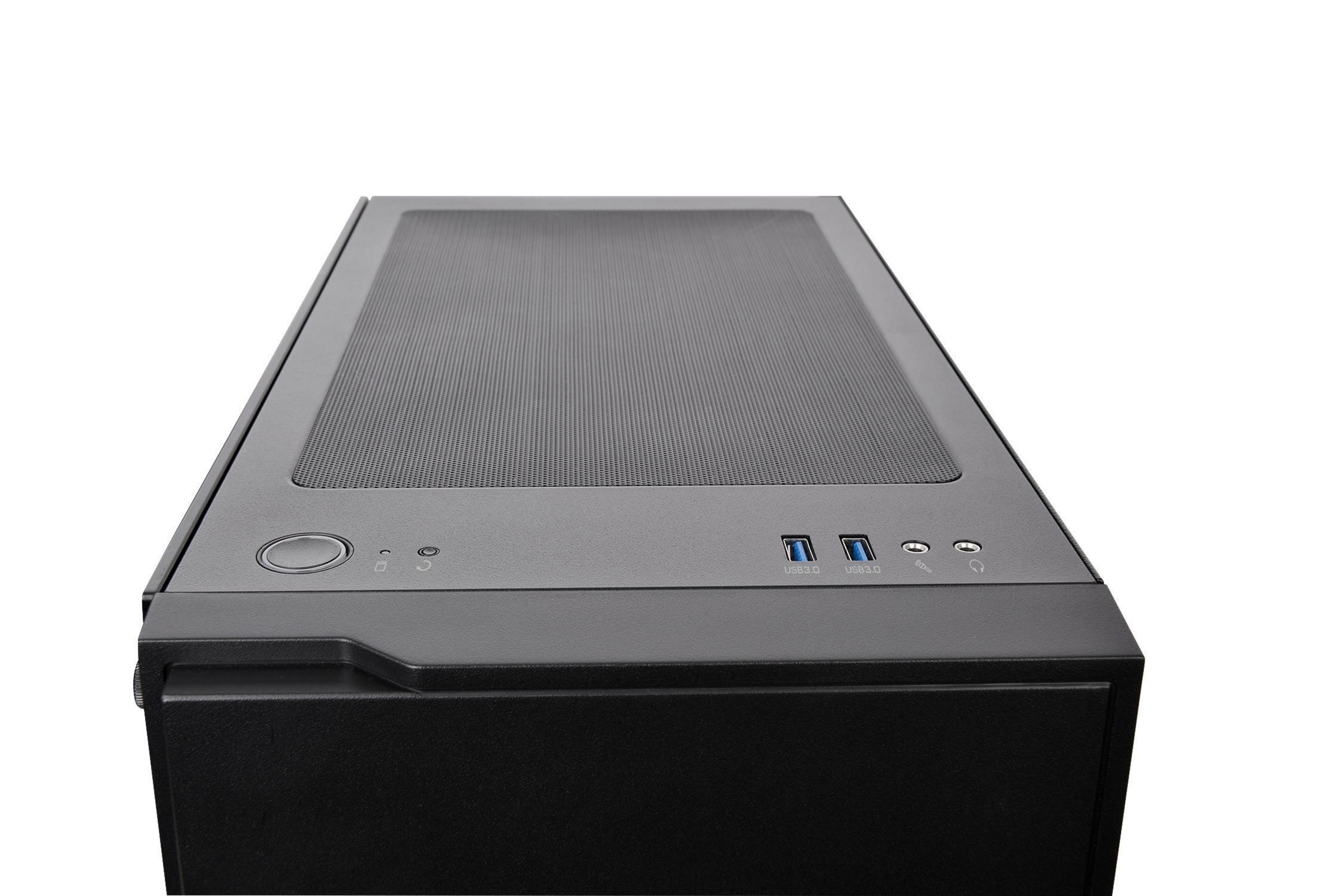 Schwarzes Computergehäuse-Frontpanel mit USB 3.0-Anschlüssen, Audiobuchsen und Netzschalter.