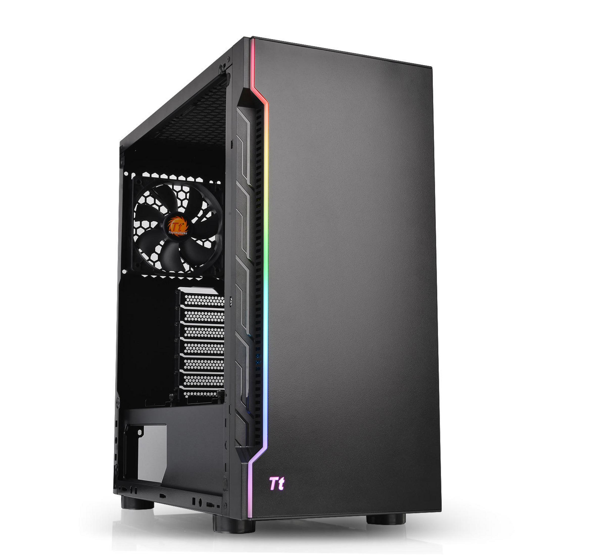 Case PC nero con illuminazione RGB frontale e ventola interna.