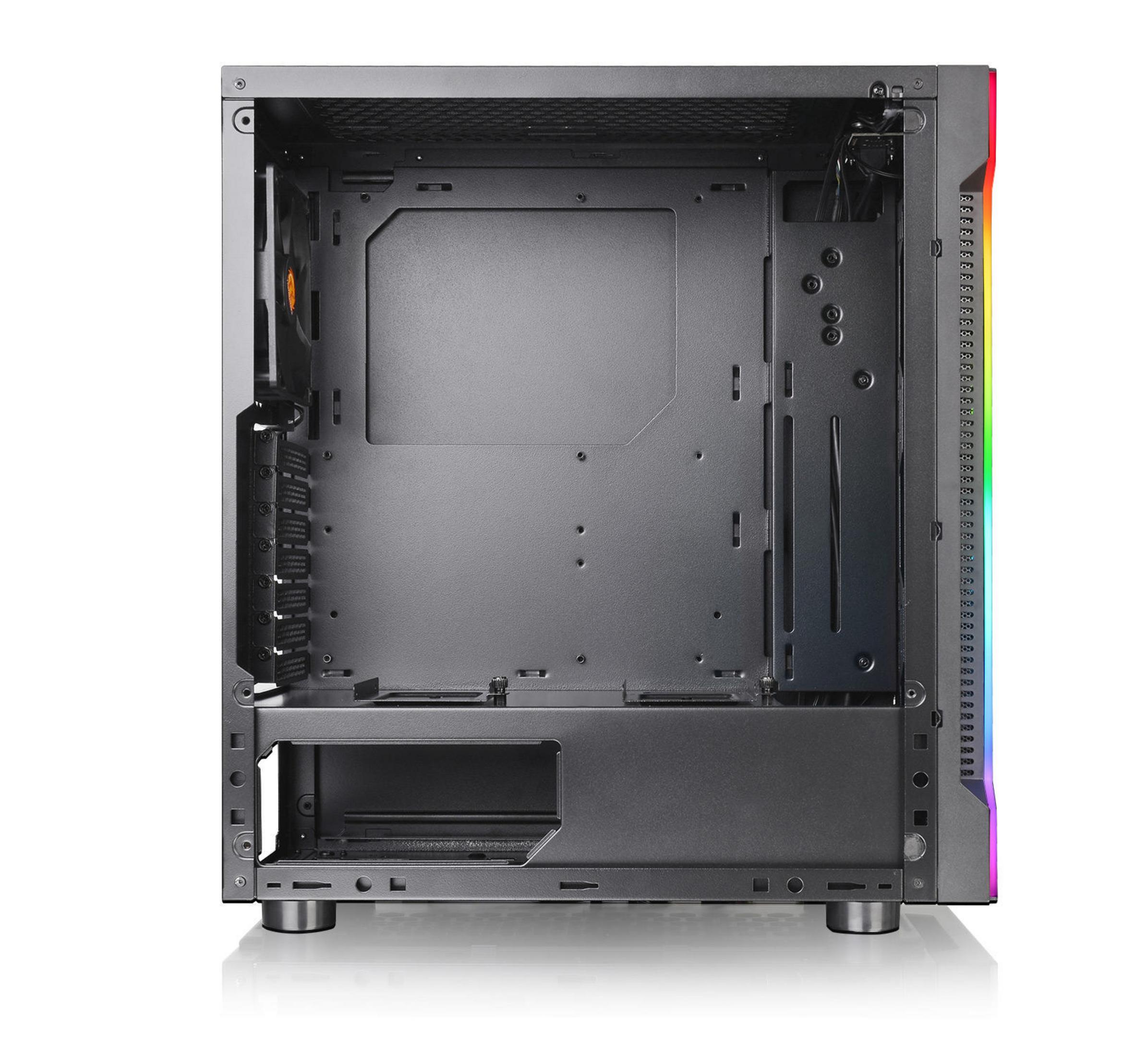 Un case PC nero vuoto con illuminazione RGB sul lato.