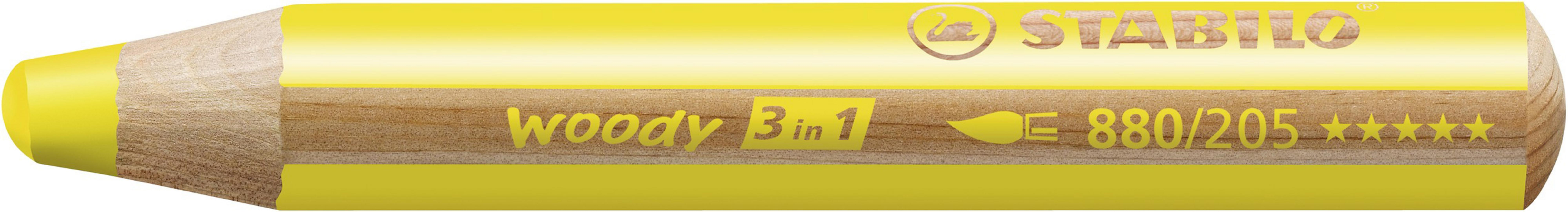Ein gelber Stabilo Woody 3-in-1 Buntstift mit Modellnummer 880/205.
