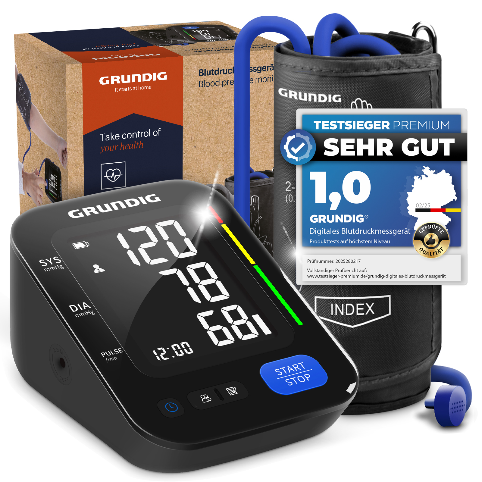 Ein digitales Blutdruckmessgerät von Grundig mit Manschette und Kartonverpackung.