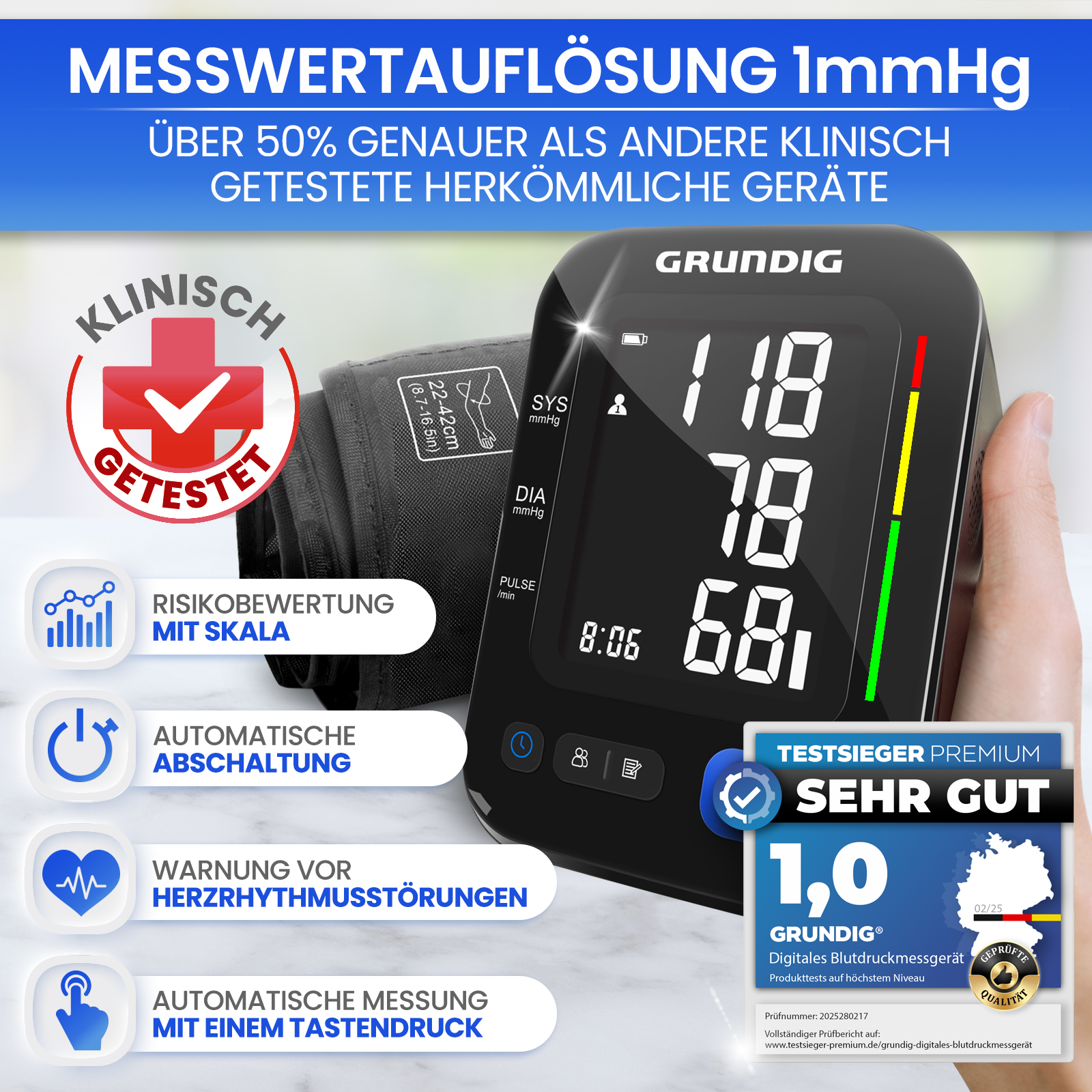 Digitales Blutdruckmessgerät mit Manschette, Display zeigt 118/78/68, klinisch getestet.