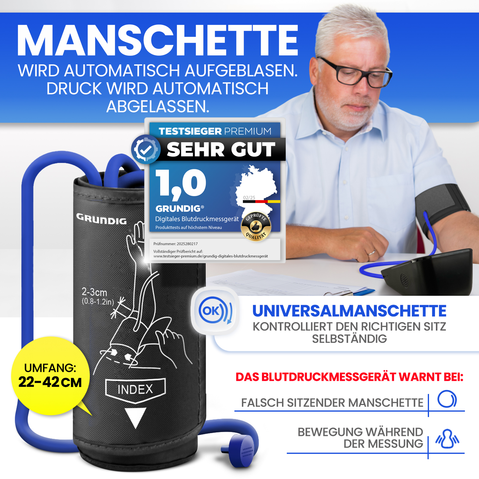Mann misst Blutdruck mit Manschette und Gerät. "Sehr Gut" Siegel.