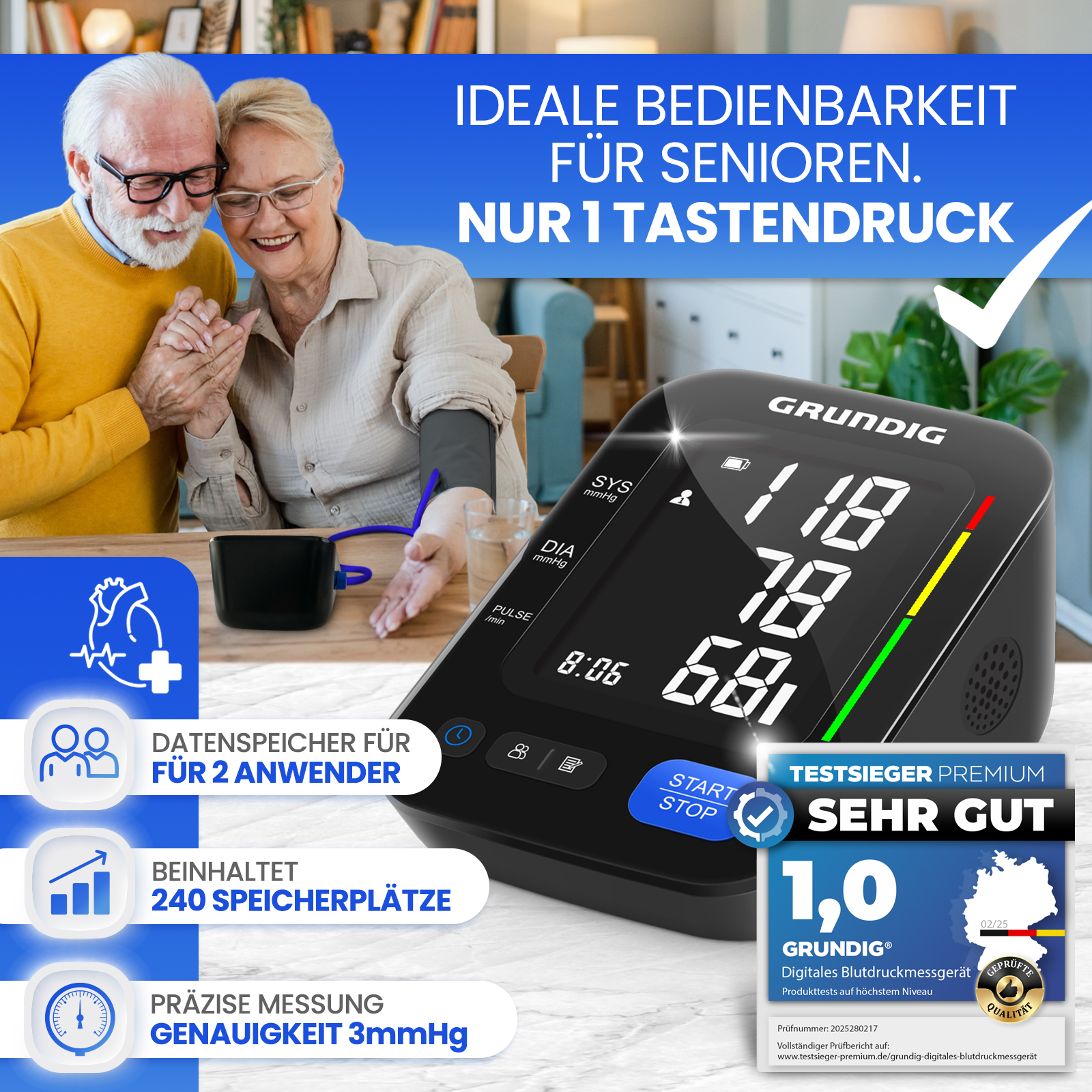 Älteres Paar nutzt ein GRUNDIG Blutdruckmessgerät zu Hause. Ideal für Senioren.